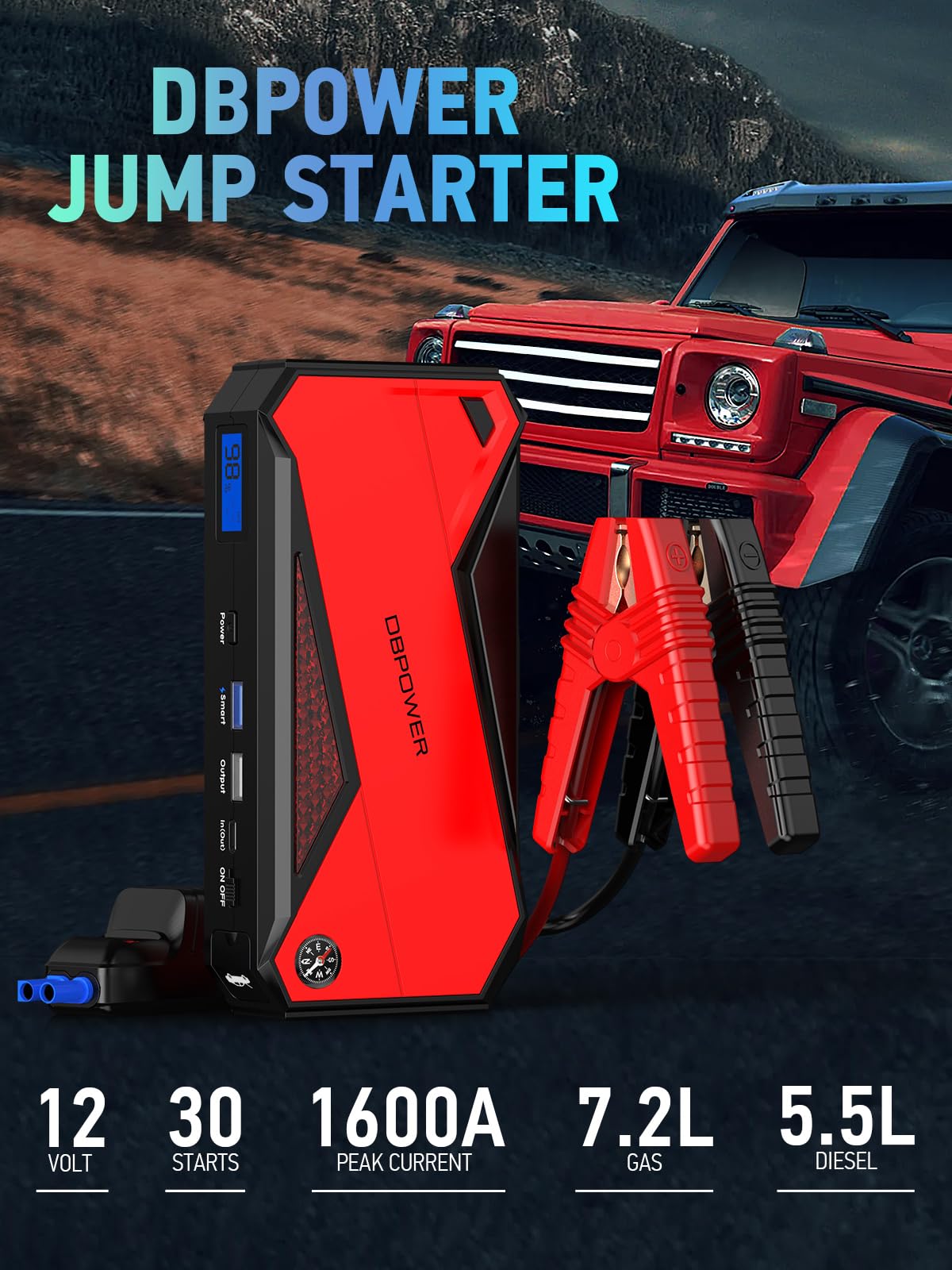 Dbpower Peak 2000A 18000Mah Portable Car Jump Starter (Up To 7.2L Gas, 5.5L Diesel Engine) Battery Booster With Smart Charging Port, Compass, Lcd Screen And Led Light (Black/Red)