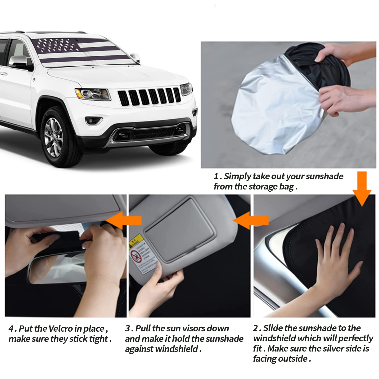 Moricere Upgrade Windshield Sun Shade With Usa Flag For Jeep Grand Cherokee 2011-2020 (Not For Grand Cherokee L&Jeep Cherokee),F