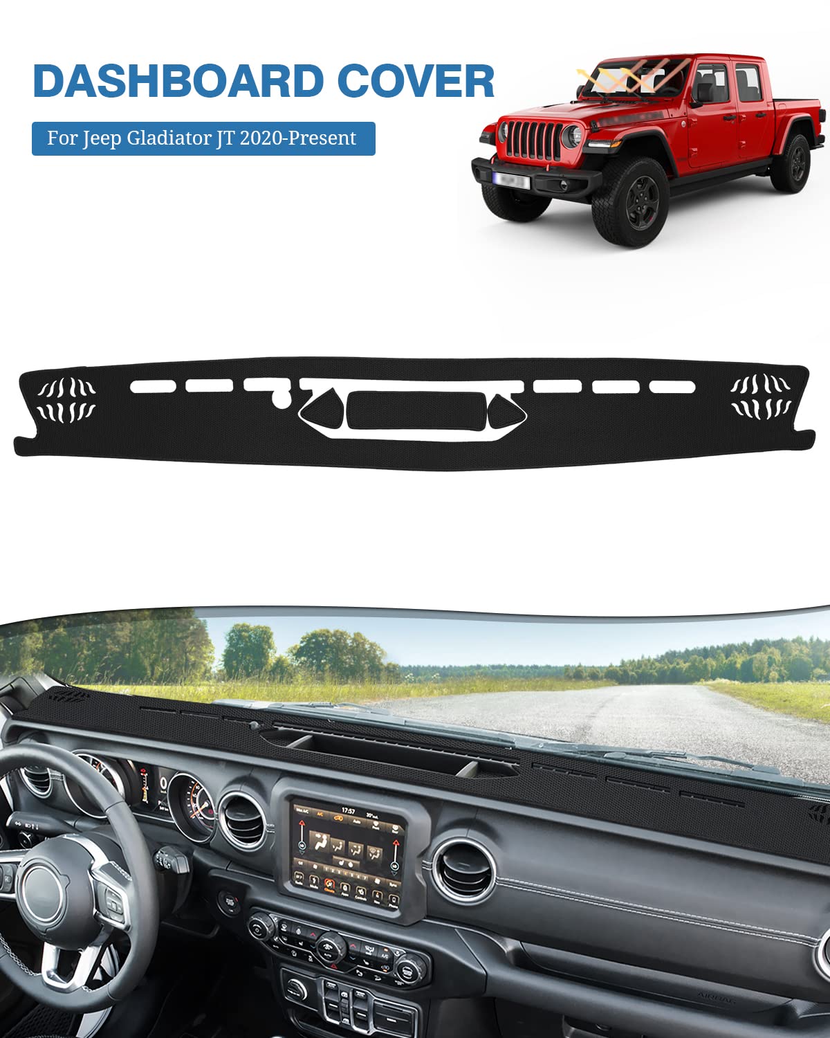 Fiilines Dash Cover Compatible With 2020-2023 Jeep Gladiator Jt Dashboard Cover Mat For Gladiator Accessories Mesh Dash Mat Non-