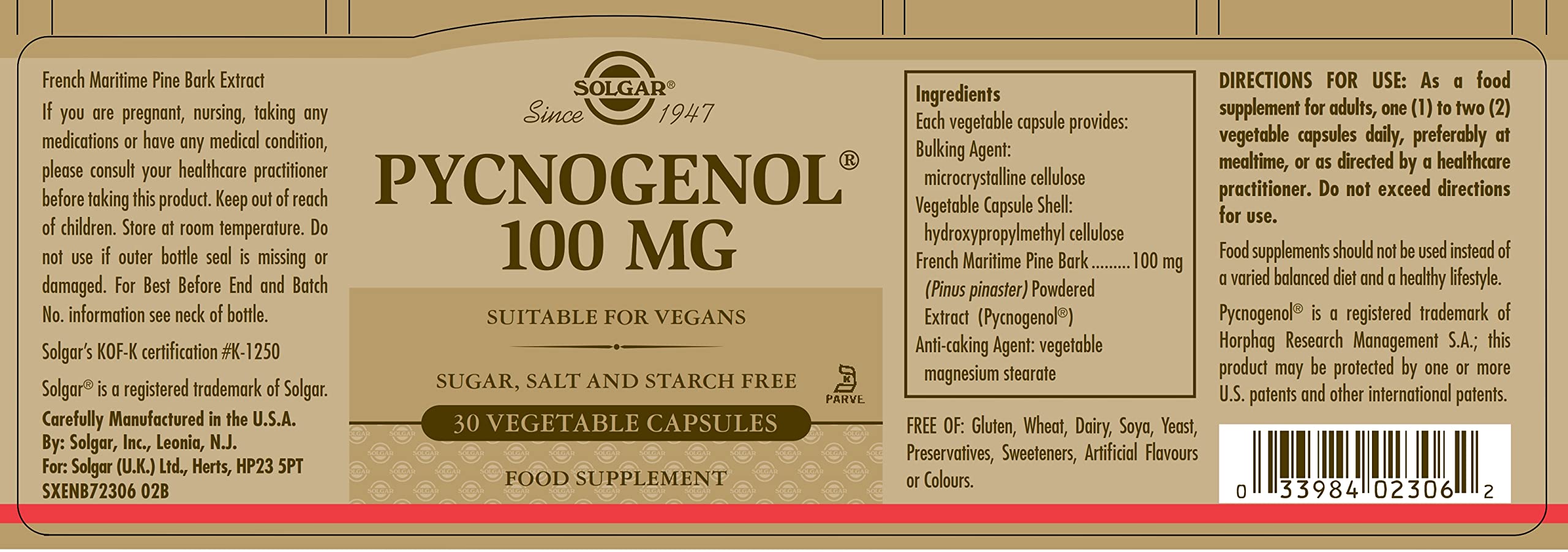 Solgar Pycnogenol 100 Mg, 30 Vegetable Capsules - Antioxidant Protection - Healthy Leg & Vein Support - Non-Gmo, Vegan, Gluten F