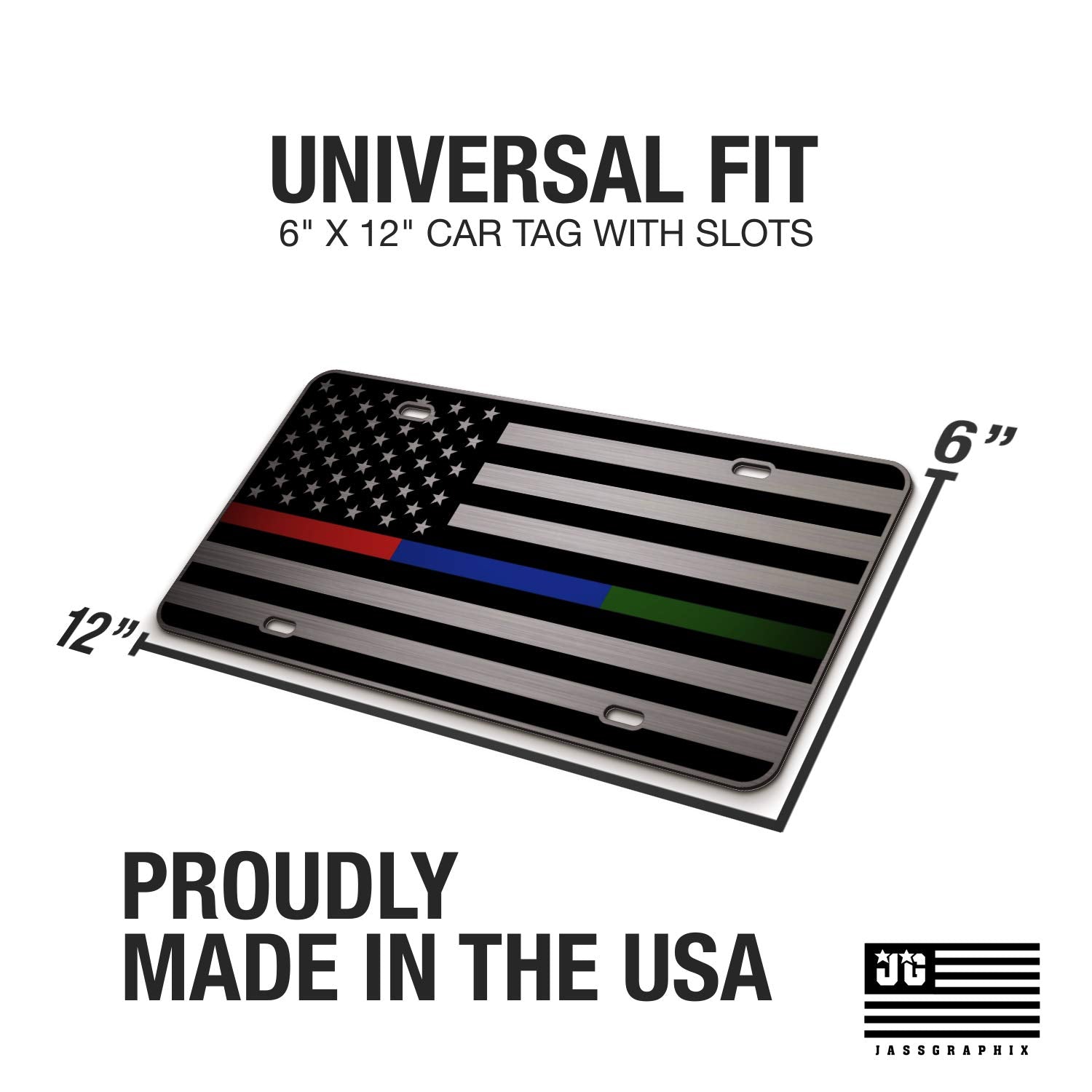 Jass Graphix Thin Blue Line Thin Red Line Thin Green Line American Flag License Plate Matte Black On 1/8'' Brushed Aluminum Comp