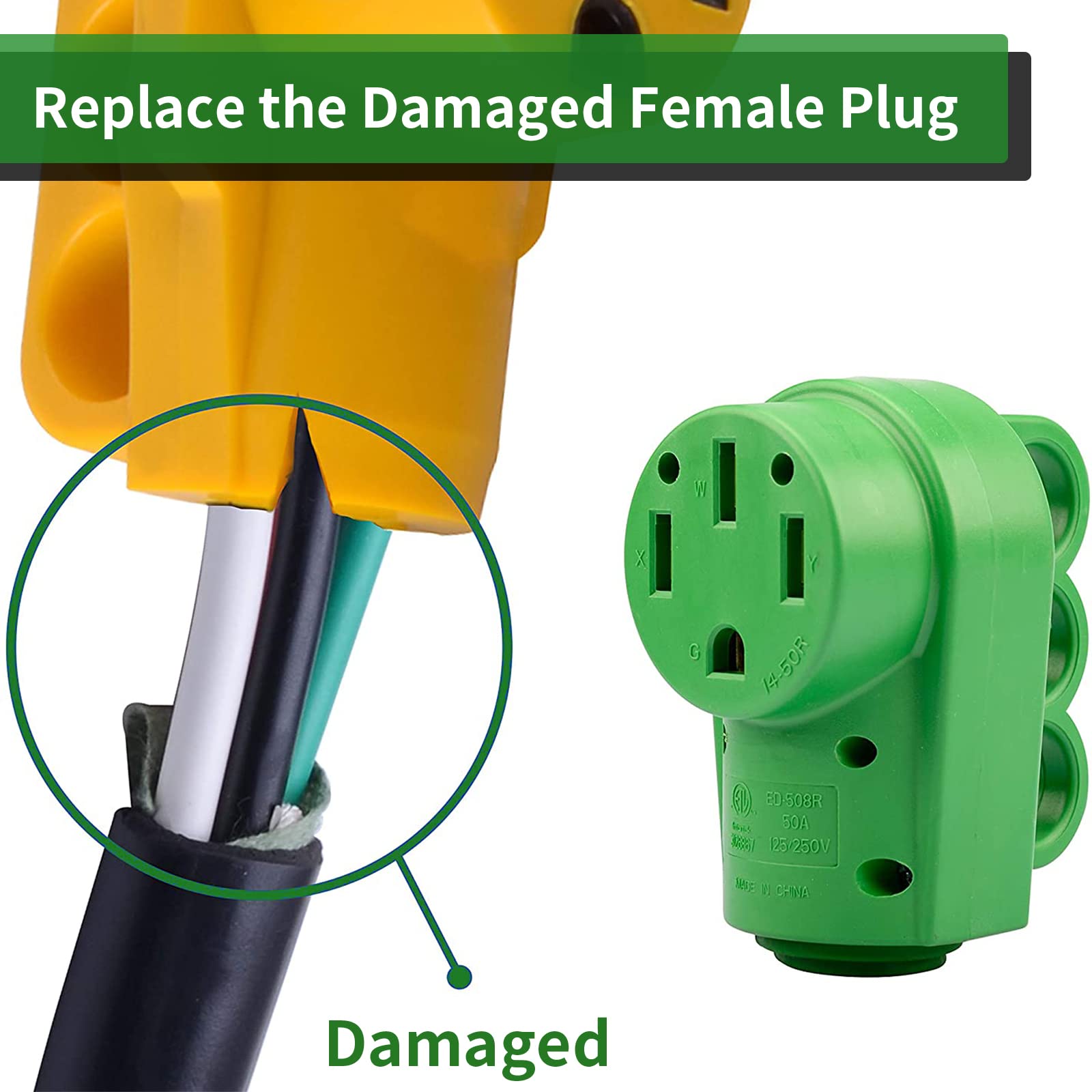 Rvguard Nema 14-50R Rv Replacement Female Plug, 125/250V 50 Amp With Disconnect Handle, Green