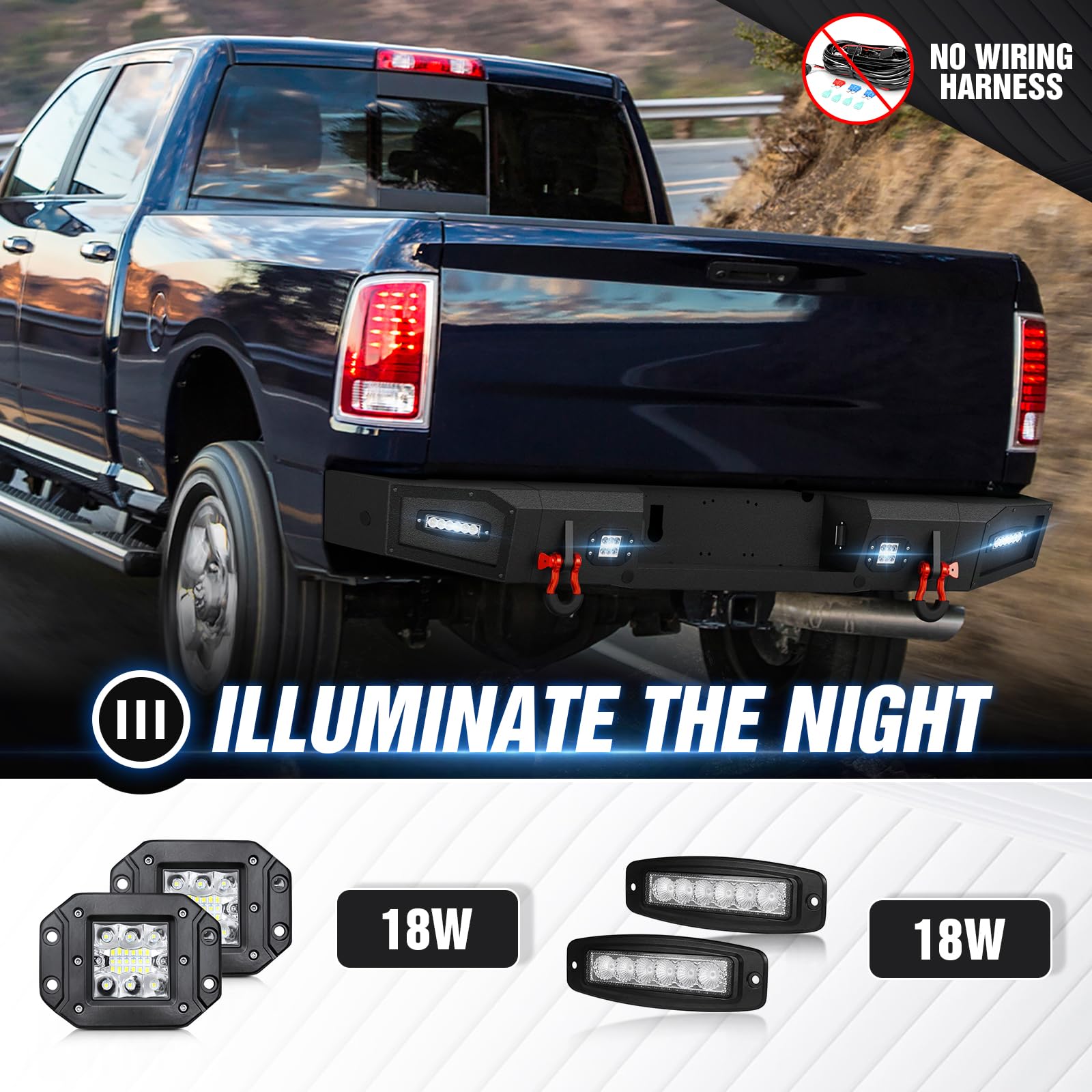 YZONA Rear Step Bumper Compatible with 2010-2018 Dodge Ram 2500 3500 Pickup Truck Bumper Consists of 4 x 18W LED Lights, Paintab
