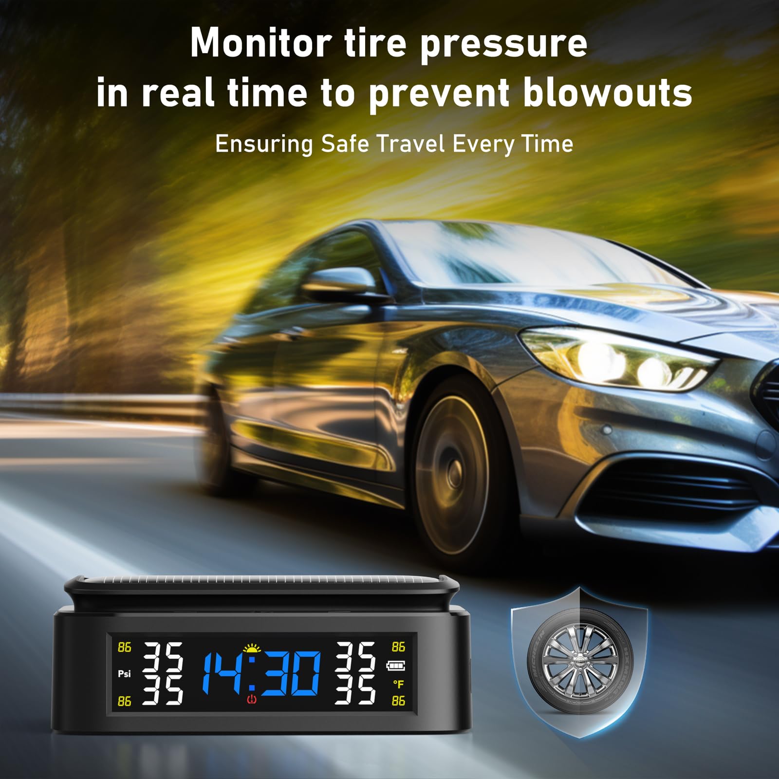Seacot RV TPMS Tire Pressure Monitoring System with Solar/USB Charging, 4 Sensors, 6 Alarm Modes, LCD Display, 0-87 PSI Pressure