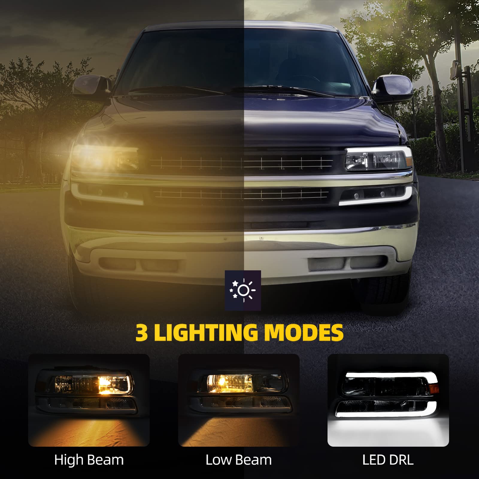 Dwvo Led Drl Headlights Compatible With 1999-2002 Chevy Silverado 1500 2500/2001-2002 Chevy Silverado 1500Hd 2500Hd 3500/2000-20
