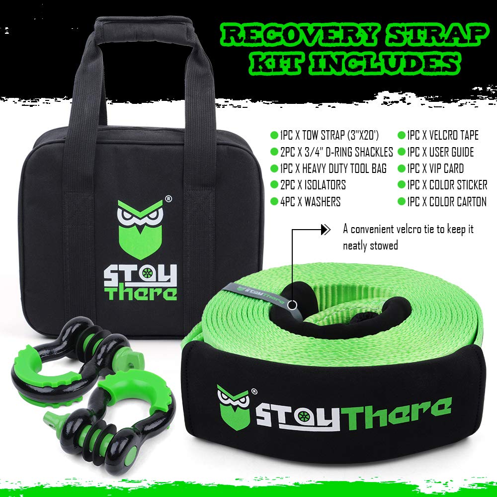 Stay There 3''  20Ft Heavy Duty Tow Strap Recovery Kit With 35,000 Lb Capacity-Emergency Towing Rope + 3/4 Heavy Duty D Ring Sha