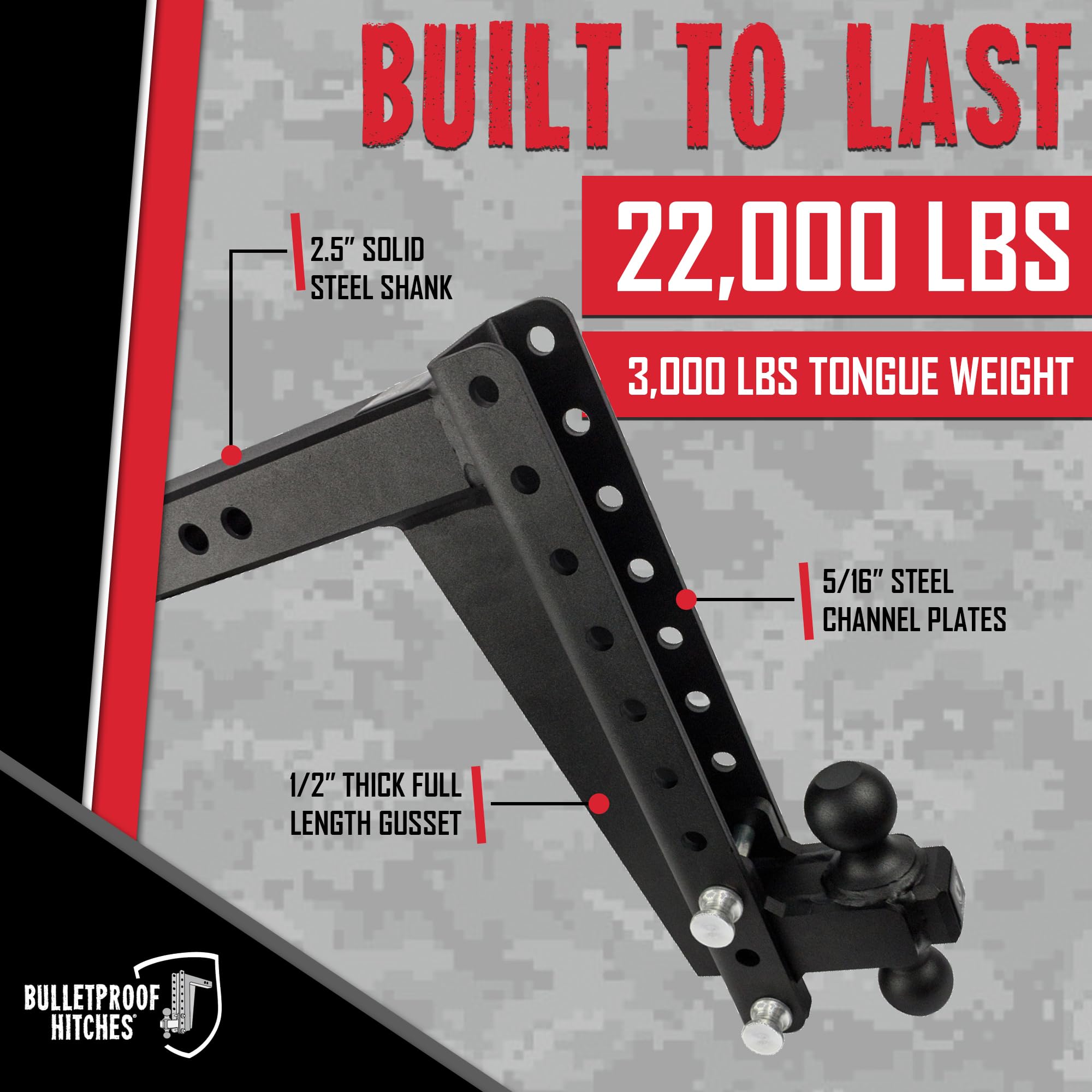 Bulletproof Hitches - 2.5'' Adjustable Heavy Duty Trailer Hitch (22,000 Lb. Rating) - 14'' Drop/Rise Trailer Hitch With 2'' & 2-
