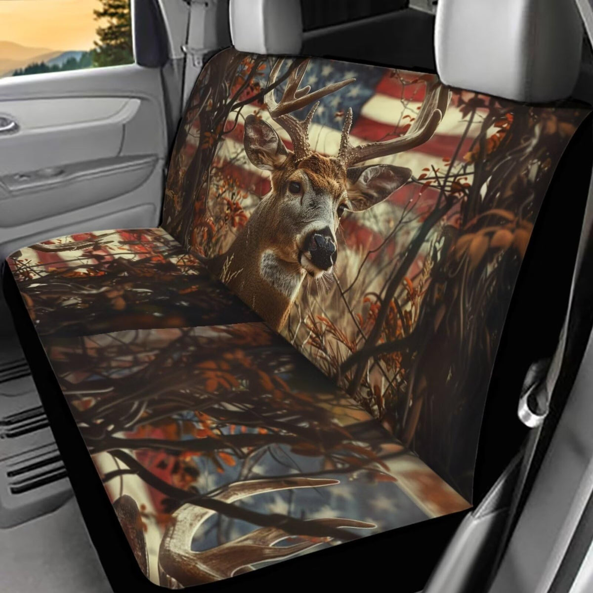 WELLFLYHOM Hunting Deer Car Seat Covers for Women Men Rear Bench Seat Cover American Flag Car Accessories Universal Saddle Blank