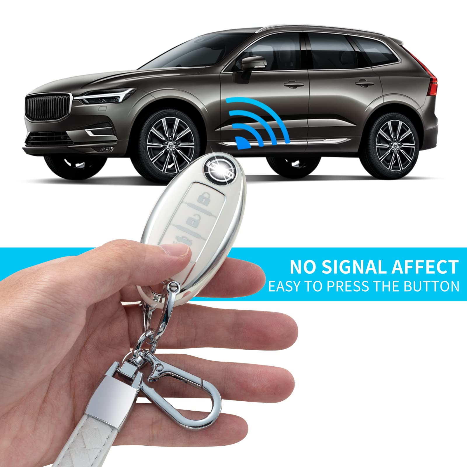 Chezenhui Compatible With Nissan Key Fob Cover With Leather Lanyard, Car Key Case Shell Protection For Nissan Altima Rogue Sentra Pathfinder Frontier Maxima Titan 4 Button Remote Smart Key,White