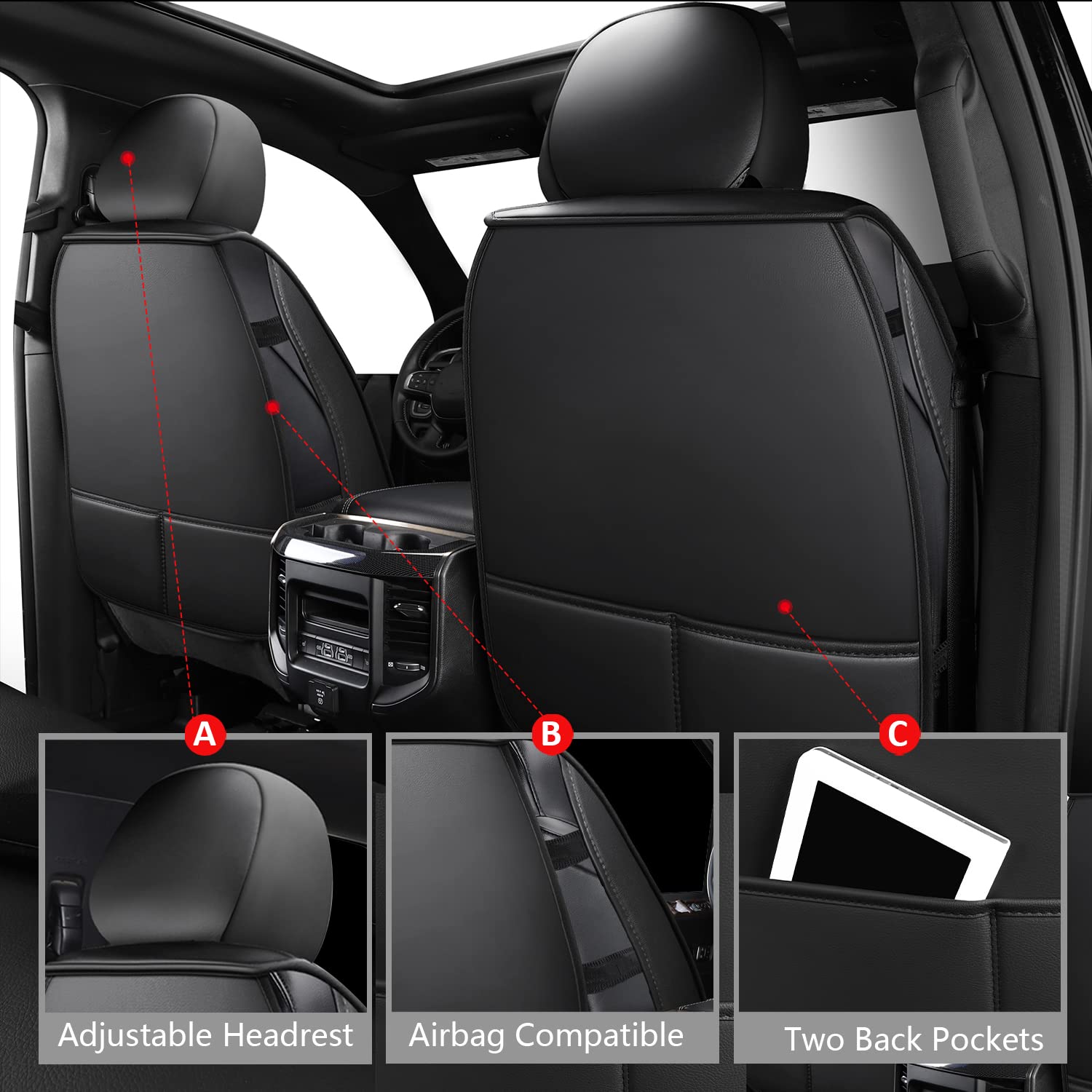 MIROZO Ram Seat Covers Full Set, Faux Leather Truck Seat Covers Compatible with 2009-2024 Ram 1500 2500 3500 Truck Pickup Crew Q