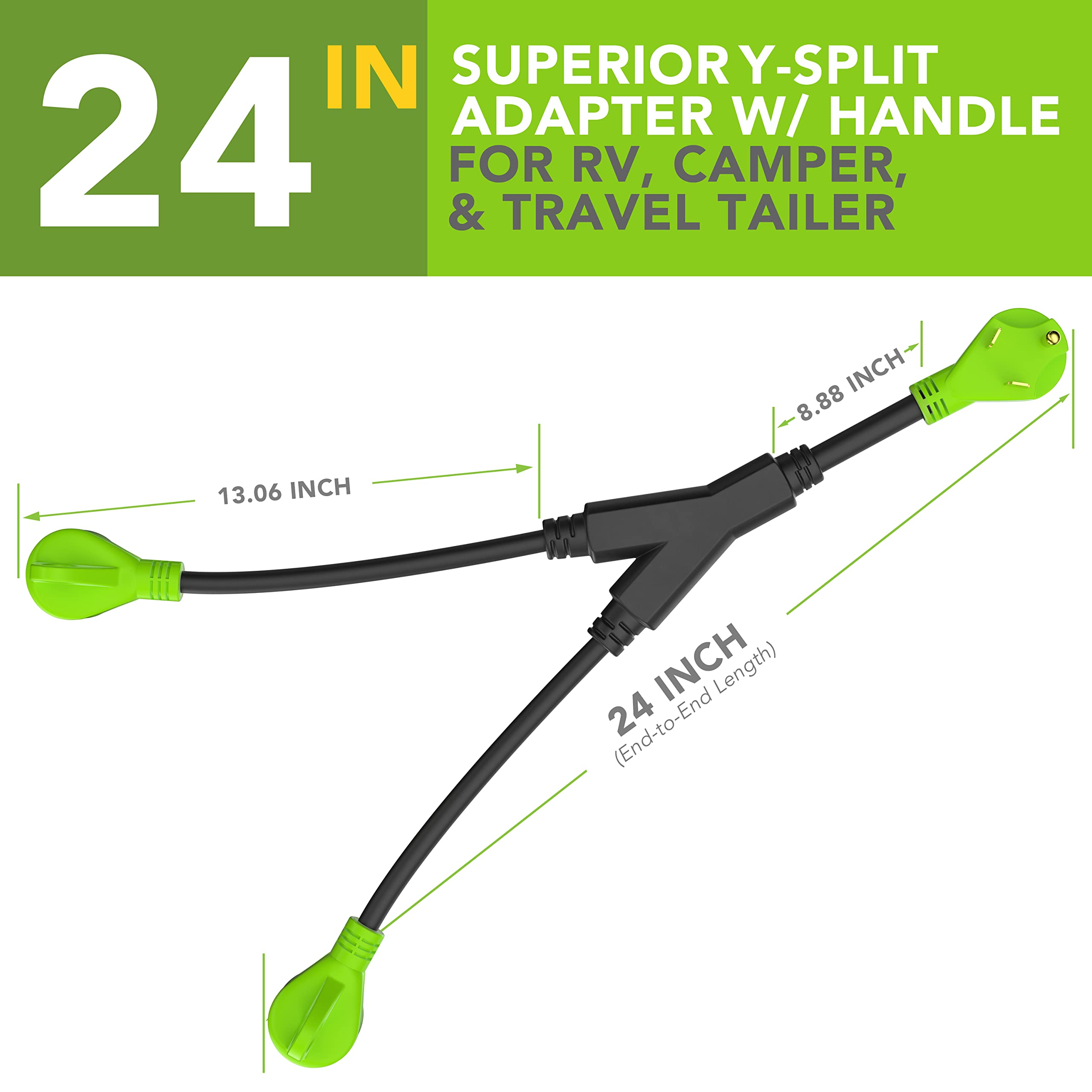 Leisurecords 24'' Rv Y Adapter Cord 30 Amp Male Plug To Two 30 Amp Female 2.5 Feet With Handle