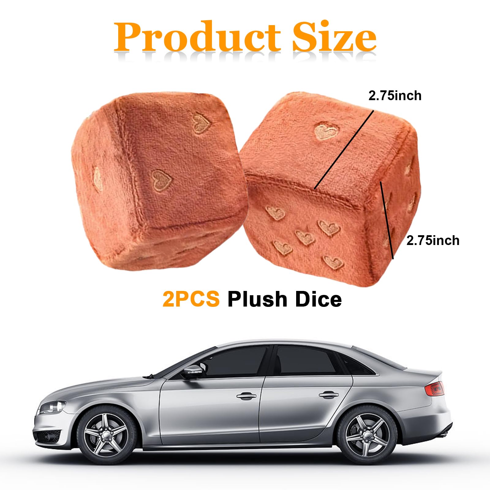 Ziciner Pair Fuzzy Plush Dice for Car Mirror, 3'' Retro Square Dice with Heart-Shape, Auto Rearview Mirror Hanging Ornament Deco