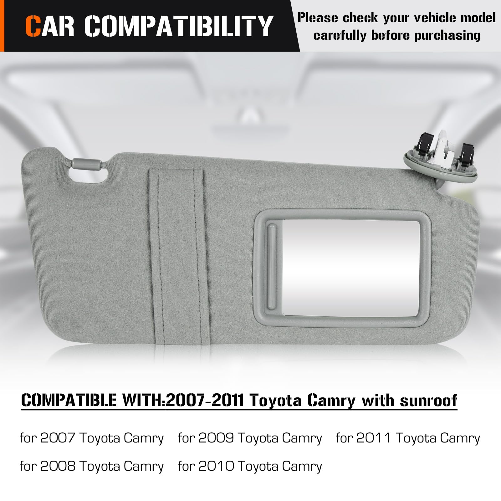 Sun Visor With Light For Toyota Camry 2007-2011 With Sunroof, Right Passenger Side Gray Sunvisor Replace 74320-06800-B0