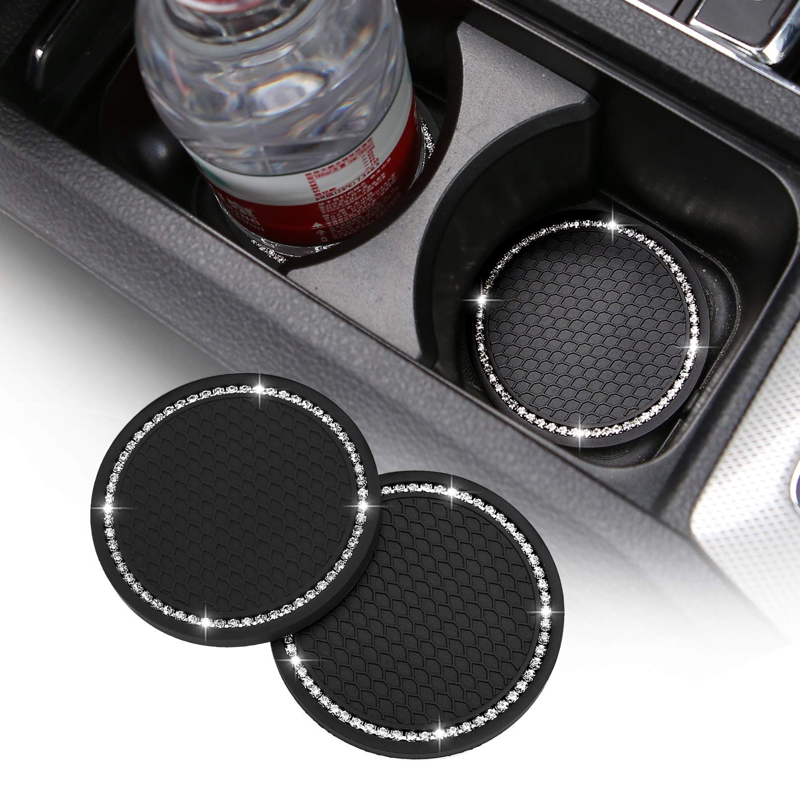 Acodablem 2 Pack Bling Car Cup Holder Insert Coasters, 2.75 Inch Soft Crystal Rhinestone Rubber Pad Set Round Auto Drink Coaster