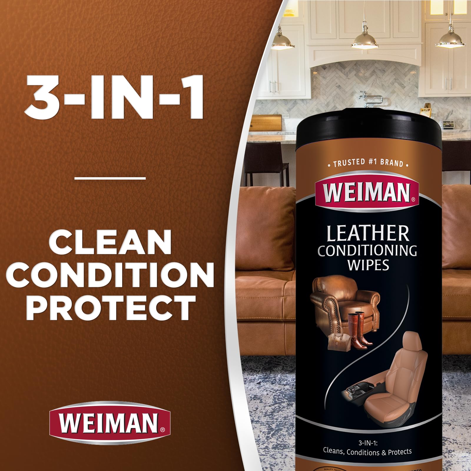 Weiman Leather Cleaner & Conditioner Wipes With UV Protection, Prevent Cracking Or Fading Of Leather Couches, Car Seats, Shoes,