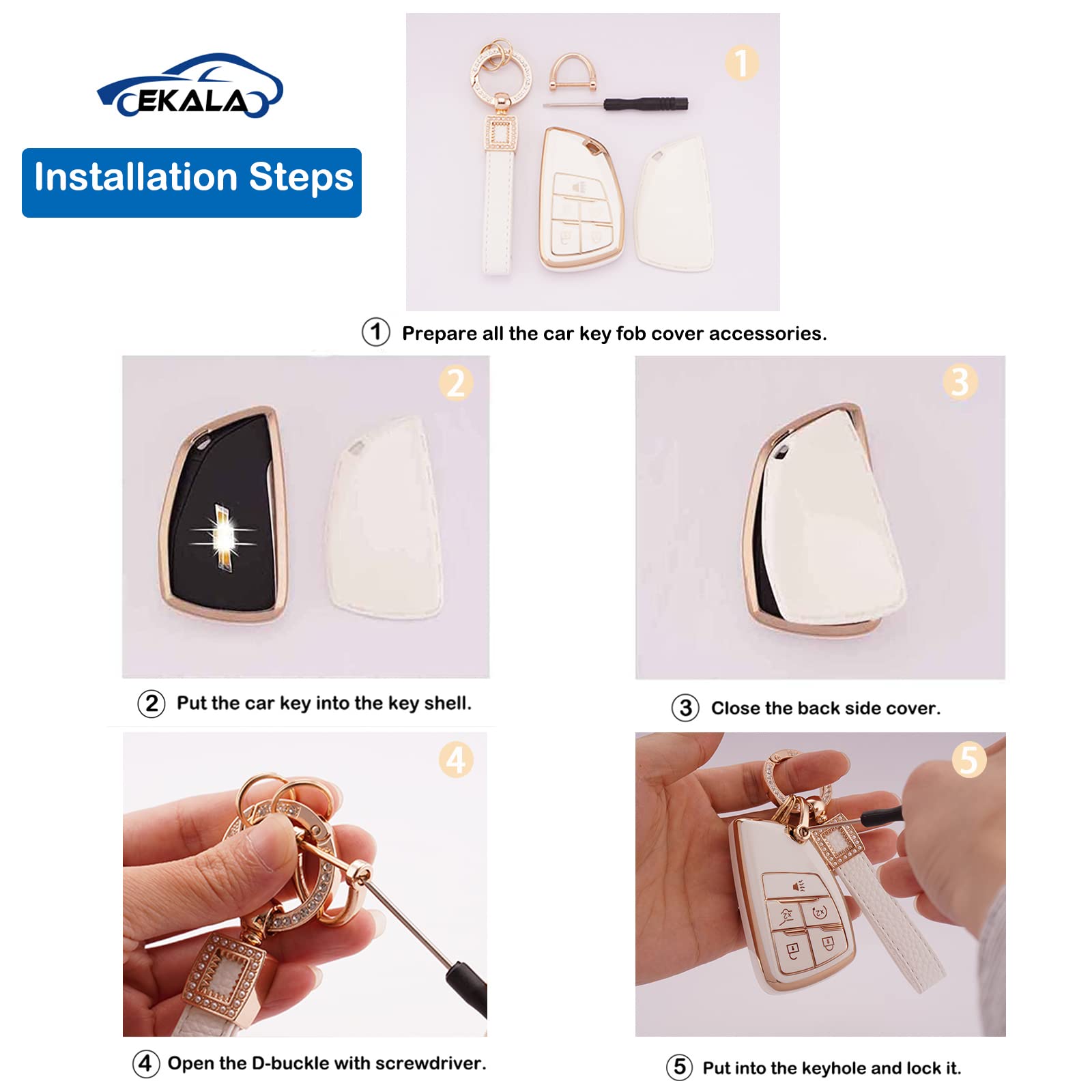 EKALA for GMC Key Fob Cover with Leather Key Fob Keychain, 5 Buttons Soft TPU Key Shell Case Compatible with 2021 2022 2023 GMC