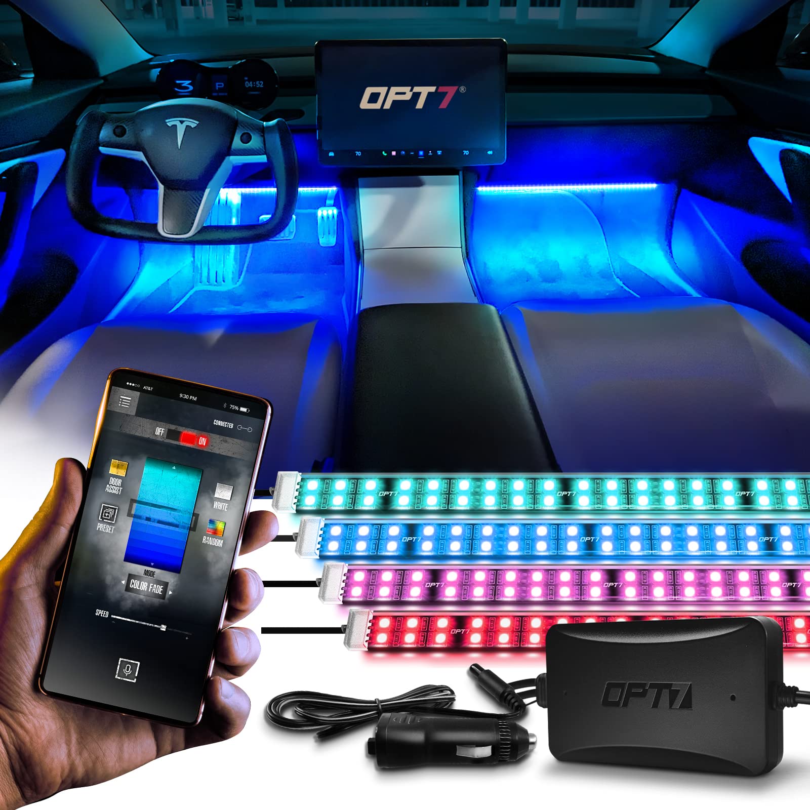 Opt7 Aura Pro 4Pc Double Led Interior Car Strip Lights With App & Remote Control, Multicolor Mode, Sound Active Neon Accent Ligh