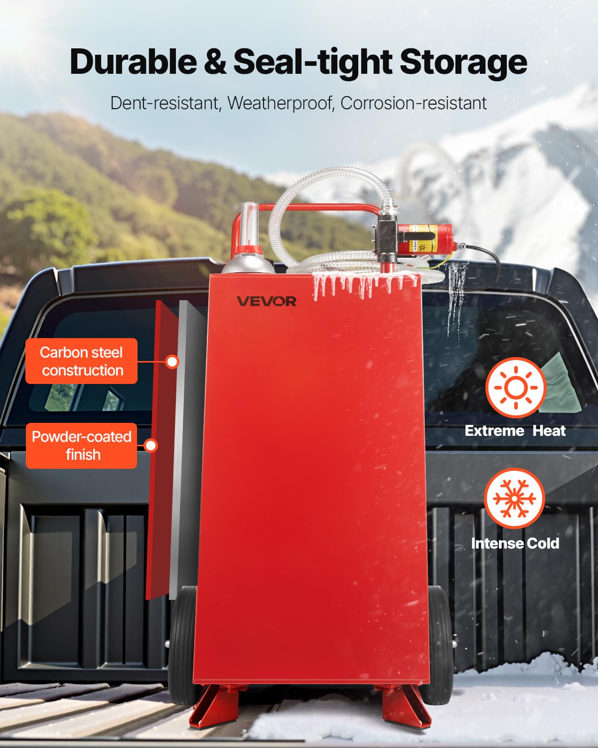 VEVOR 30 Gallon Gas Caddy, Max Flow 32L/min, Diesel Tank with Electric Pump, Diesel Storage Tank with 2 Wheels & 10 ft Hose, Gas