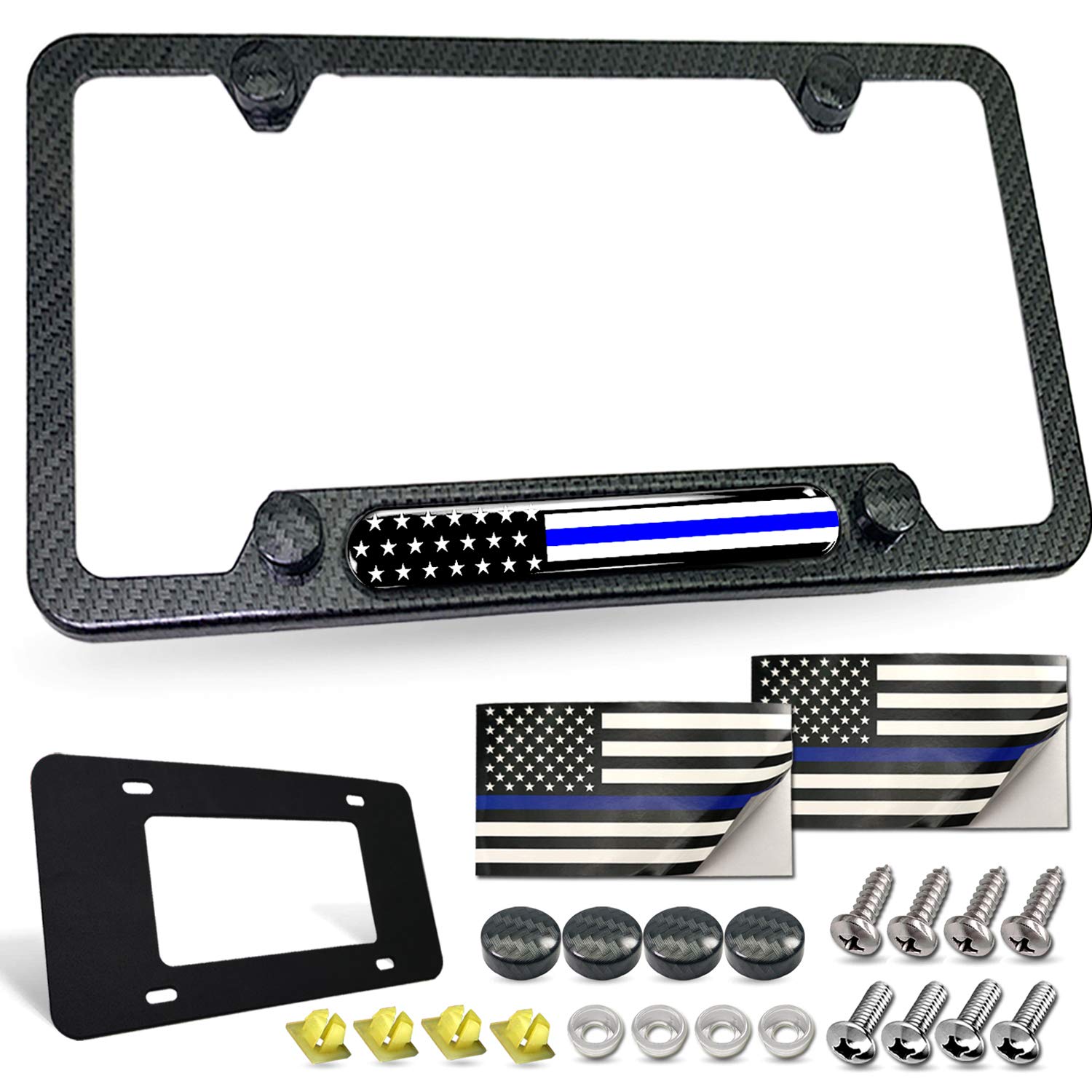 Fbjtdq Police Thin Blue Line License Plate Frame- Patriotic Carbon Fiber Car Tag Holder, American Flag Black Aluminum Bracket Wi