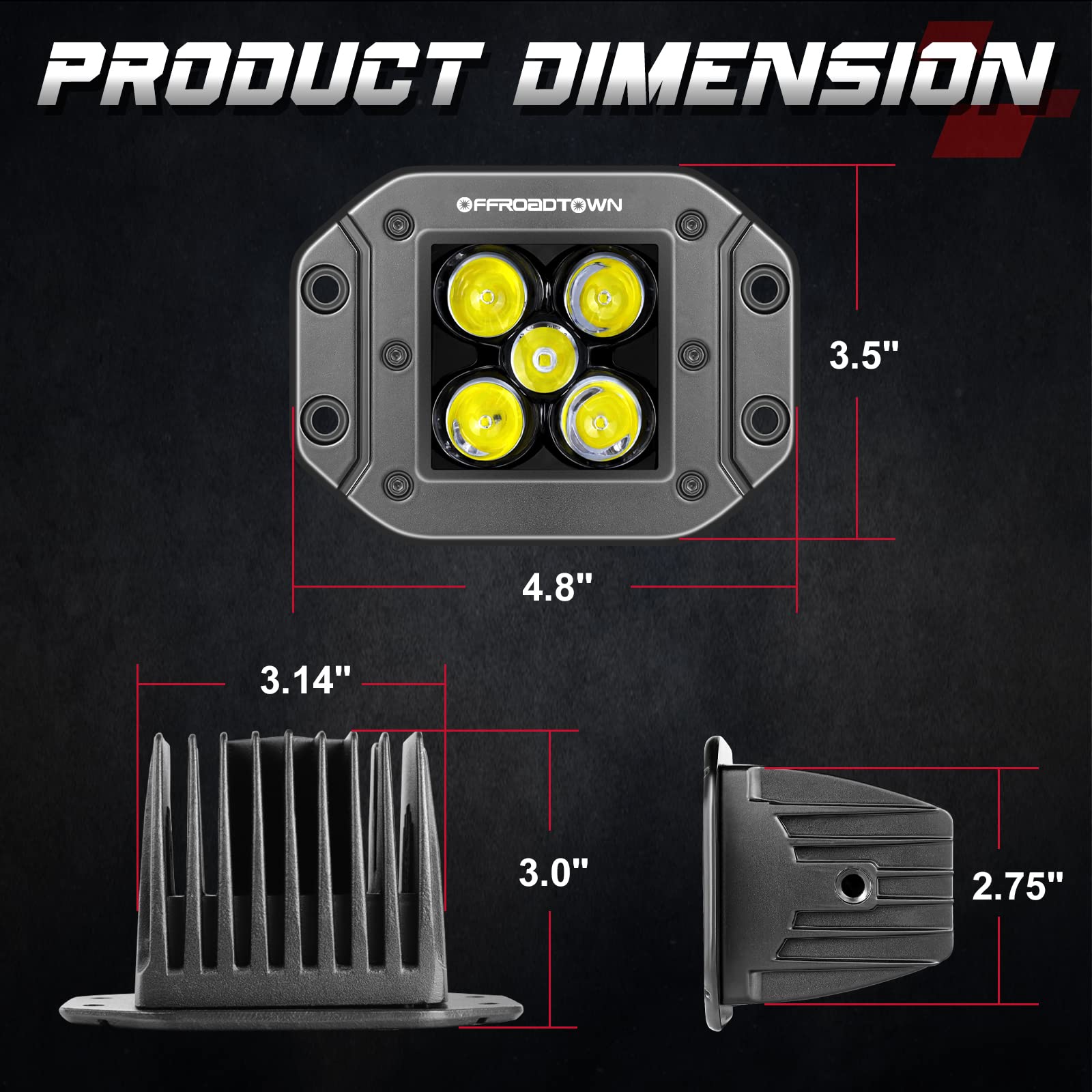 Offroadtown 2Pcs 100W 5 Inch Cree Led Pods, Spot Beam, Flush Mount, Waterproof Bumper Lights For Trucks Utv Atv Off Road Boat