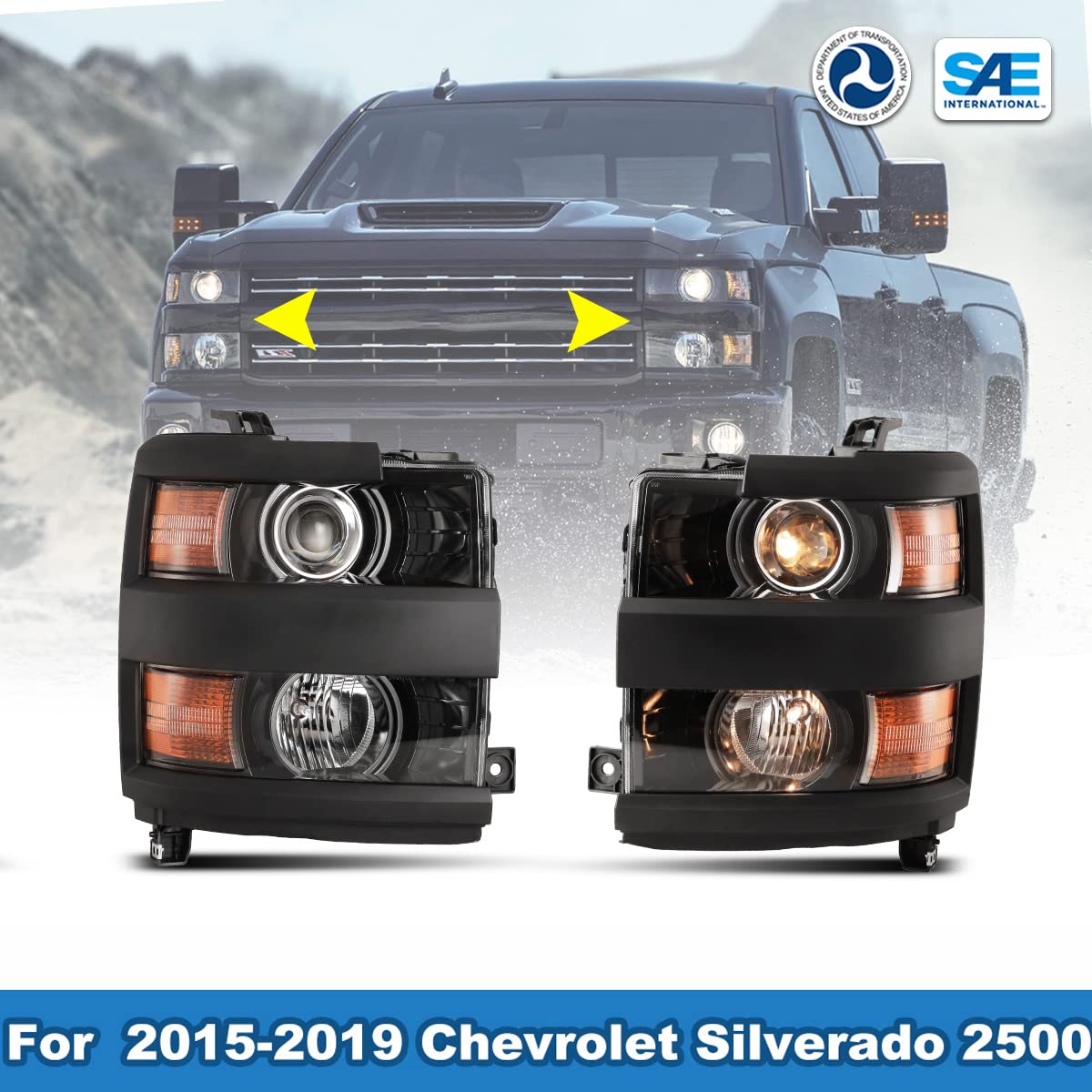 Roxx Headlight Assembly Fit For 2015-2019 Chevy Silverado 2500&3500, Low/High Beam Headlight Replacement For 2015-2019 Chevy Silverado 2500/3500, Black Housing With Clear Lens