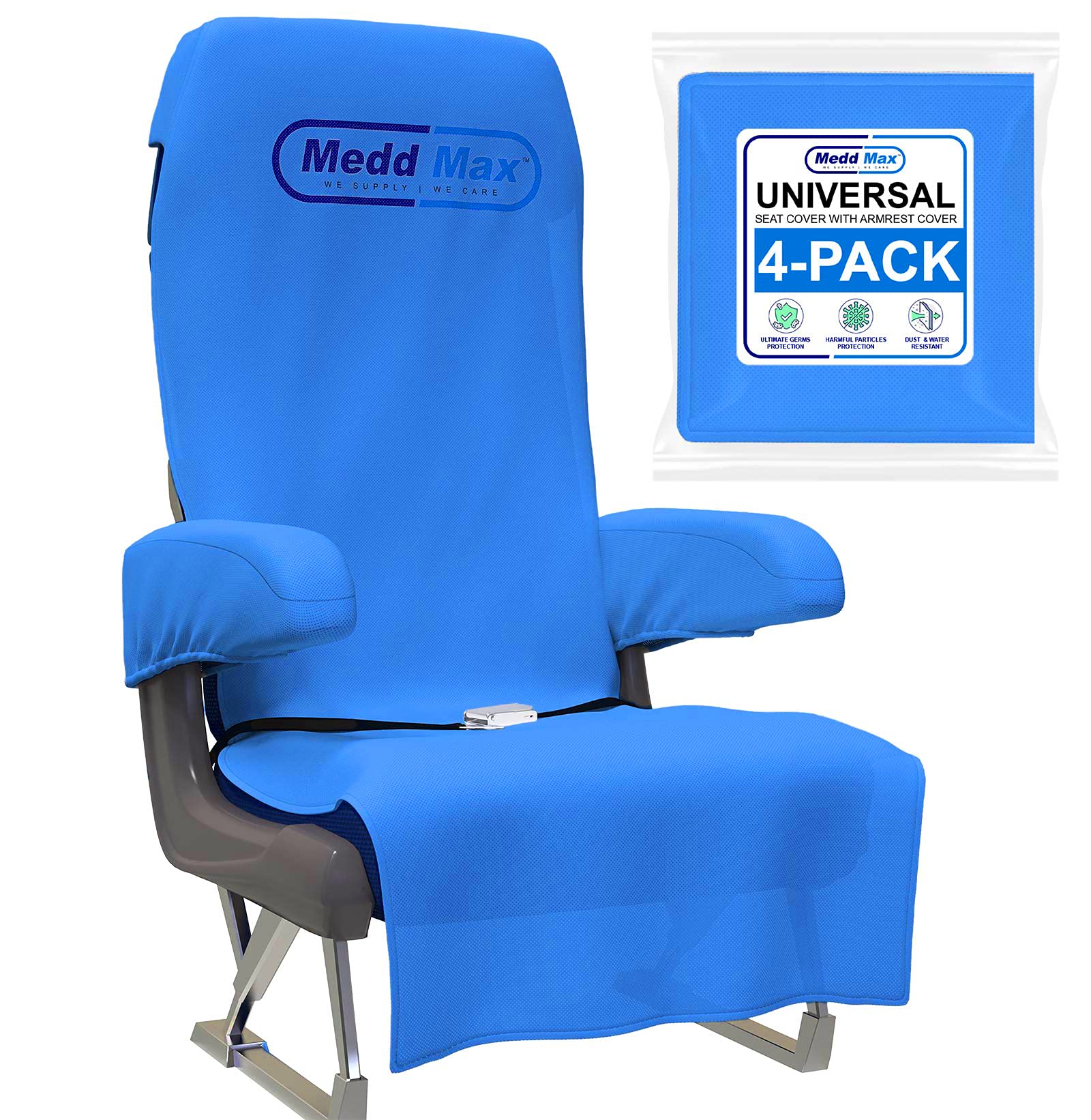 MEDD MAX Protective Airplane Seat Covers, Eco-Friendly, Blue, Pack of 4, Disposable/Reusable, Fits Most Public Seating, Model 810028473027