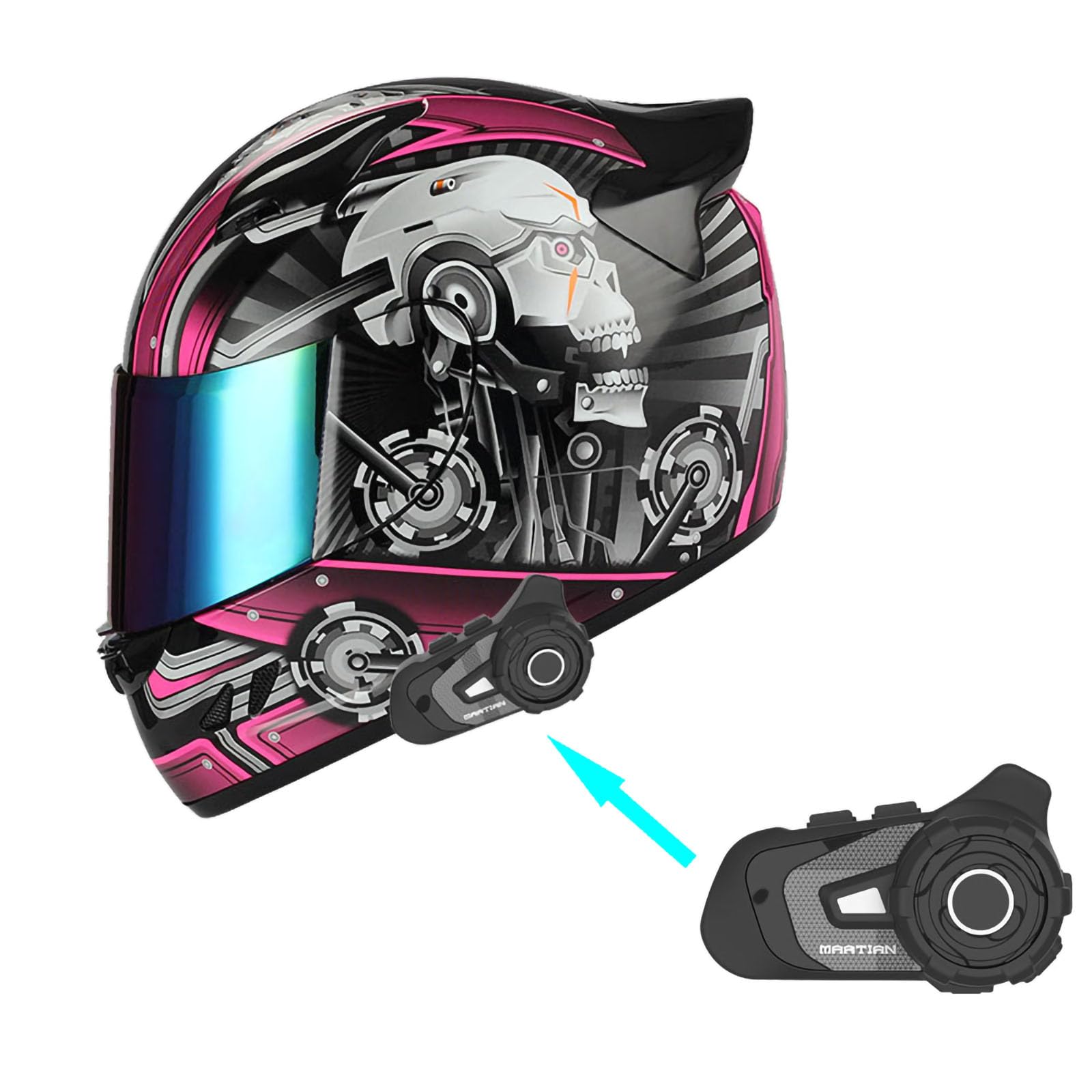 1Storm Motorcycle Bike Full Face Helmet Mechanic + Motorcycle Bluetooth Headset: Skull Pink