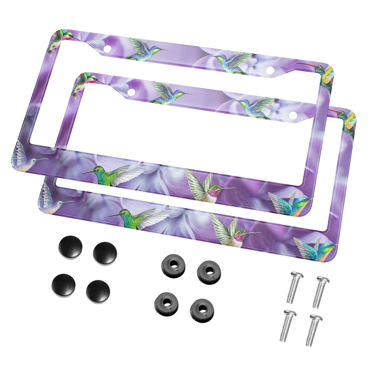 Hosnye Hummingbirds License Plate Frame Flying Purple Flowers Metal 2 Pcs 2 Holes Black Licenses Plates Frames Front Licenses Pl