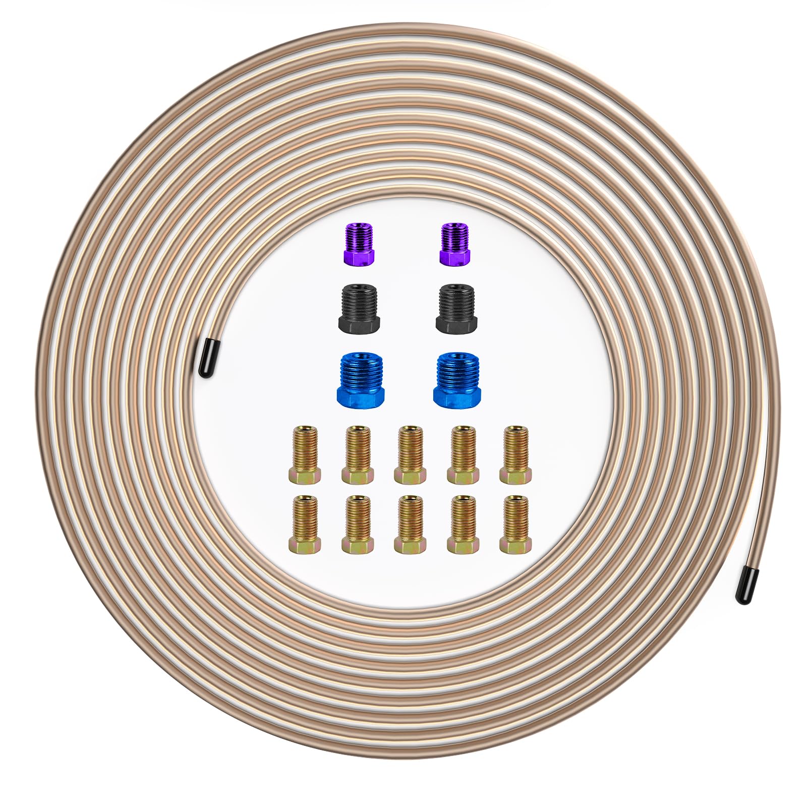 Muhize 1/4 Copper-Nickel Brake Line Tubing - 25 Ft. 1/4 Inch Copper Nickel Hydraulic Tube With 16 Fittings, 1/4 Rustproof Brake Line Replacement Kit (2024 New)