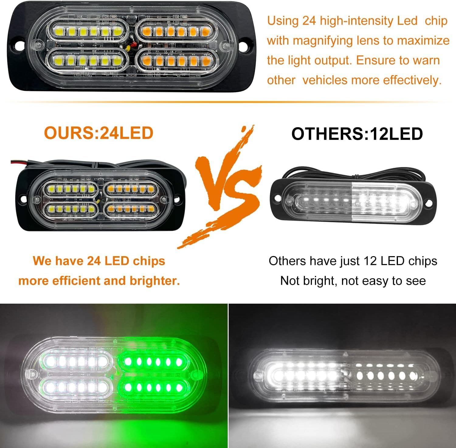 12-24V 24-Led Super Bright Led Emergency Strobe Lights Warning For Cars Trucks Vehicle Suv Caution Hazard Construction Waterproo