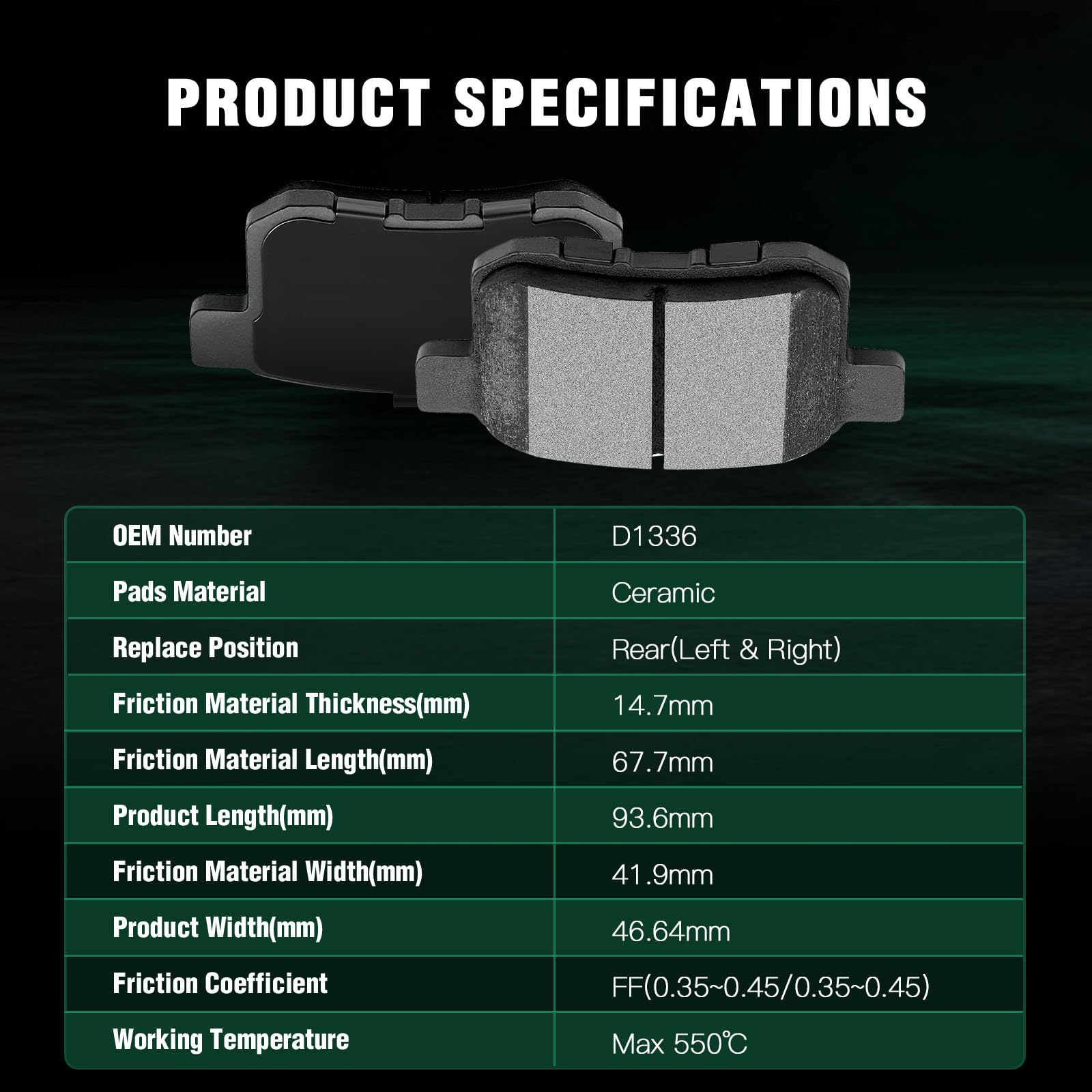 Automuto 4Pcs Rear Ceramic Disc Brake Pads Set D1336 For Acura Tsx 2009-2014,For Honda For Accord 2008-2017