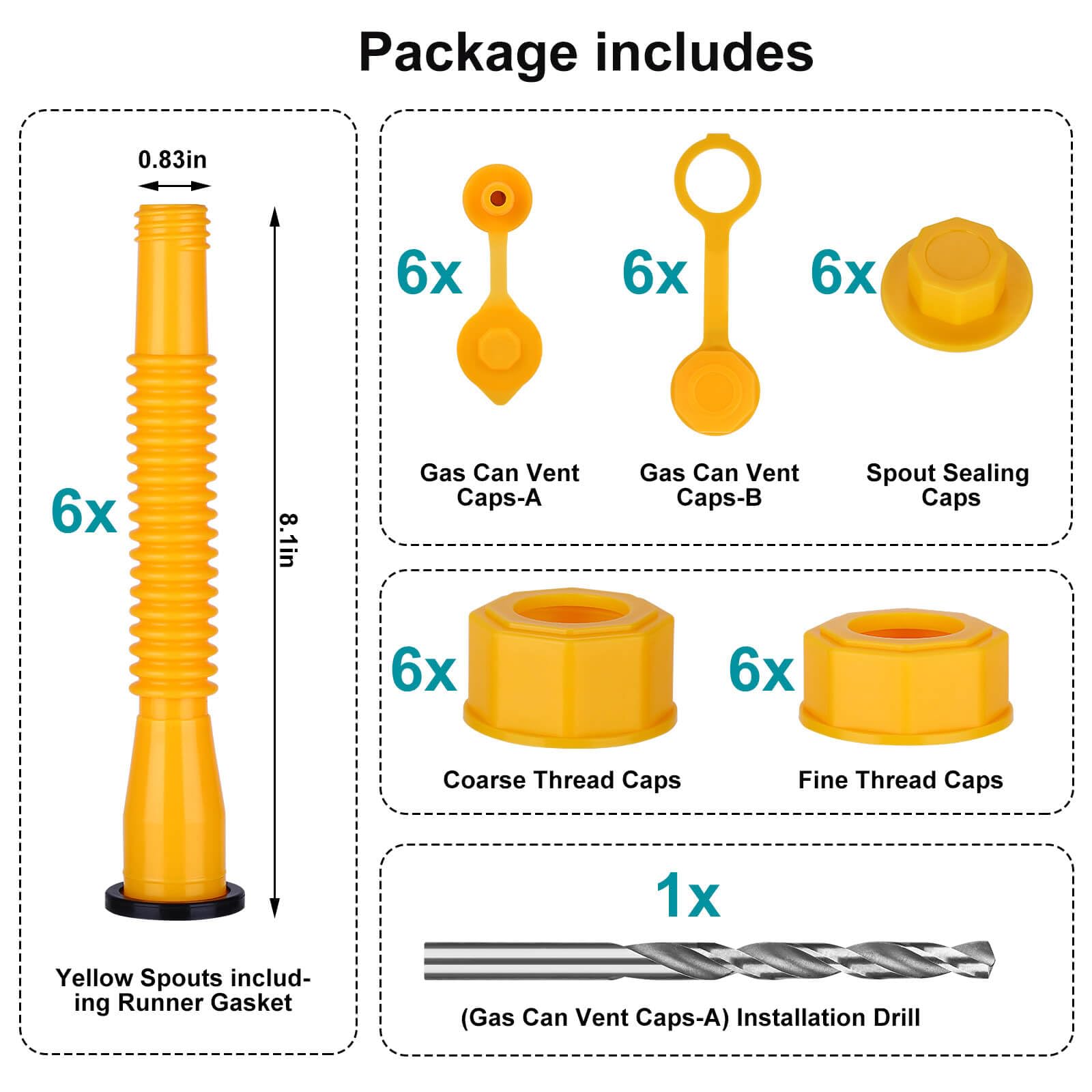 Gas Can Spout Replacement, Gas Can Nozzle, Fuel Can Spout, Upgraded (6Kit-Yellow) with Gas Can Caps, Spout Sealing Caps, Gas Can