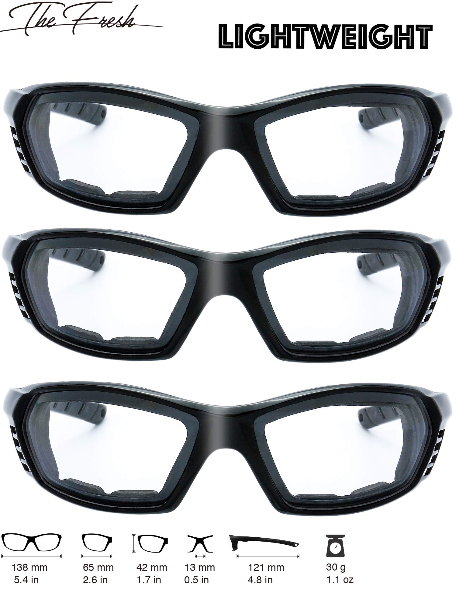 The Fresh Motorcycle Riding Glasses Padded Frame Lens Block 100% Uvb For Outdoor Activity Sport (22-Black, 3 Pairs Of Clear)