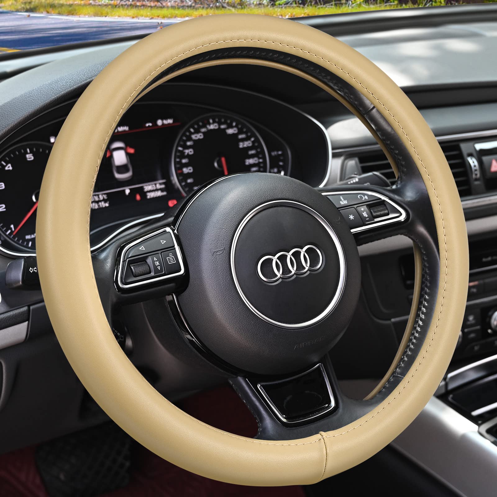 Haokay Heavy Duty Pure Cowhide Steering Wheel Cover Suv Car, Beige Genuine Leather Steering Wheel Cover Men Women Universal 14.5