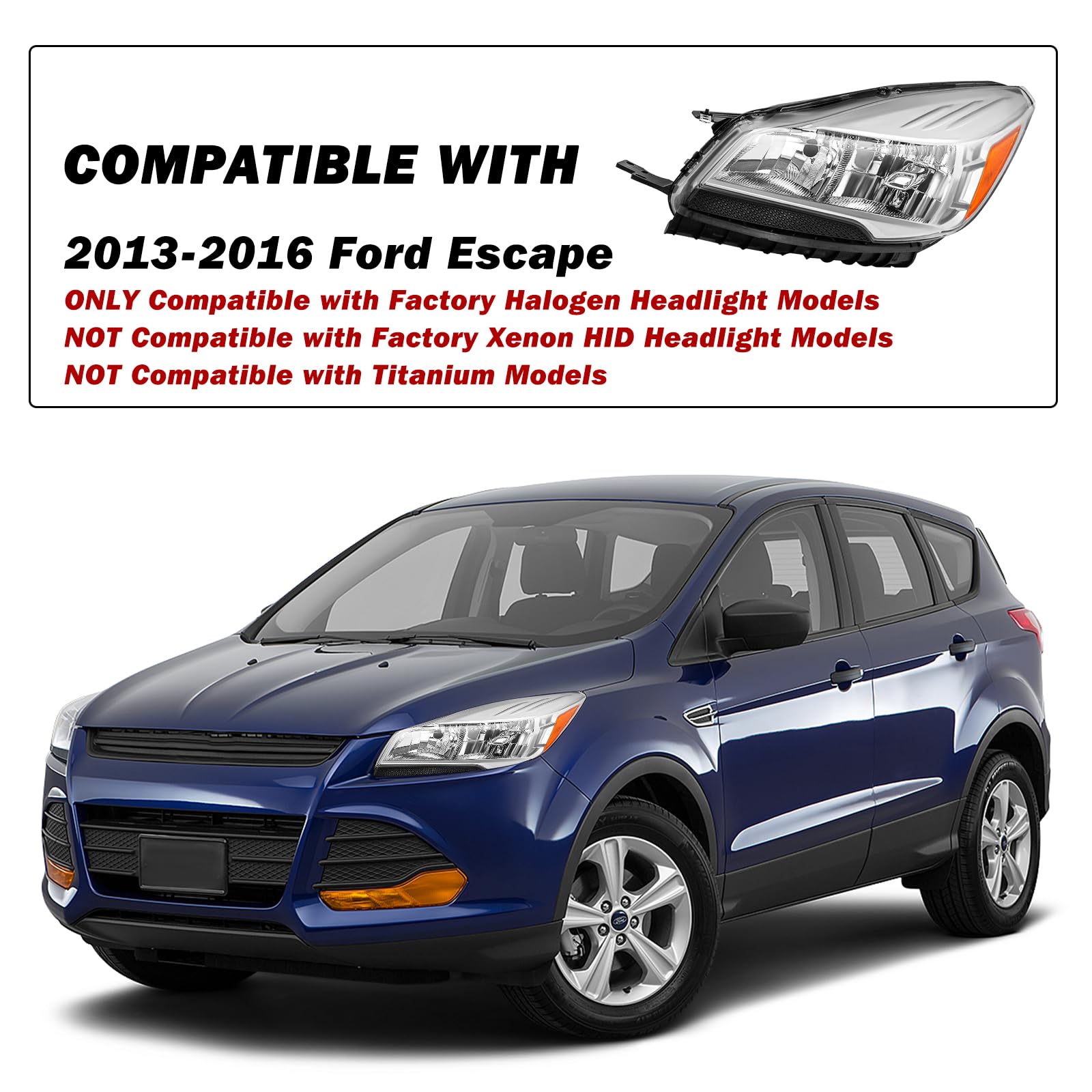 Sockir Headlight Compatible With 2013-2016 Ford Escape Replacement Halogen Headlamp,(Chrome Housing With Amber Reflector) Driver & Passenger Side
