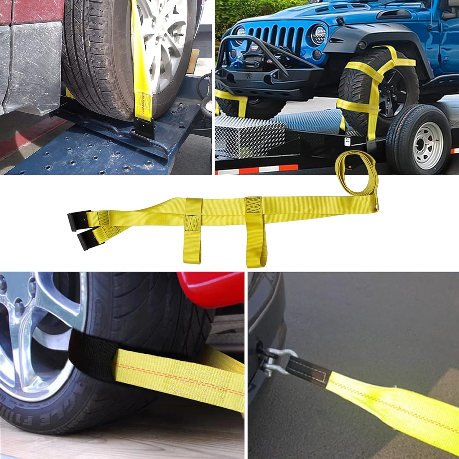 Bang4buck Tow Dolly Straps - 2 Adjustable Tie Downs for 17" to 21" Rims, Yellow, Durable Polyester with 2 Flat Hooks