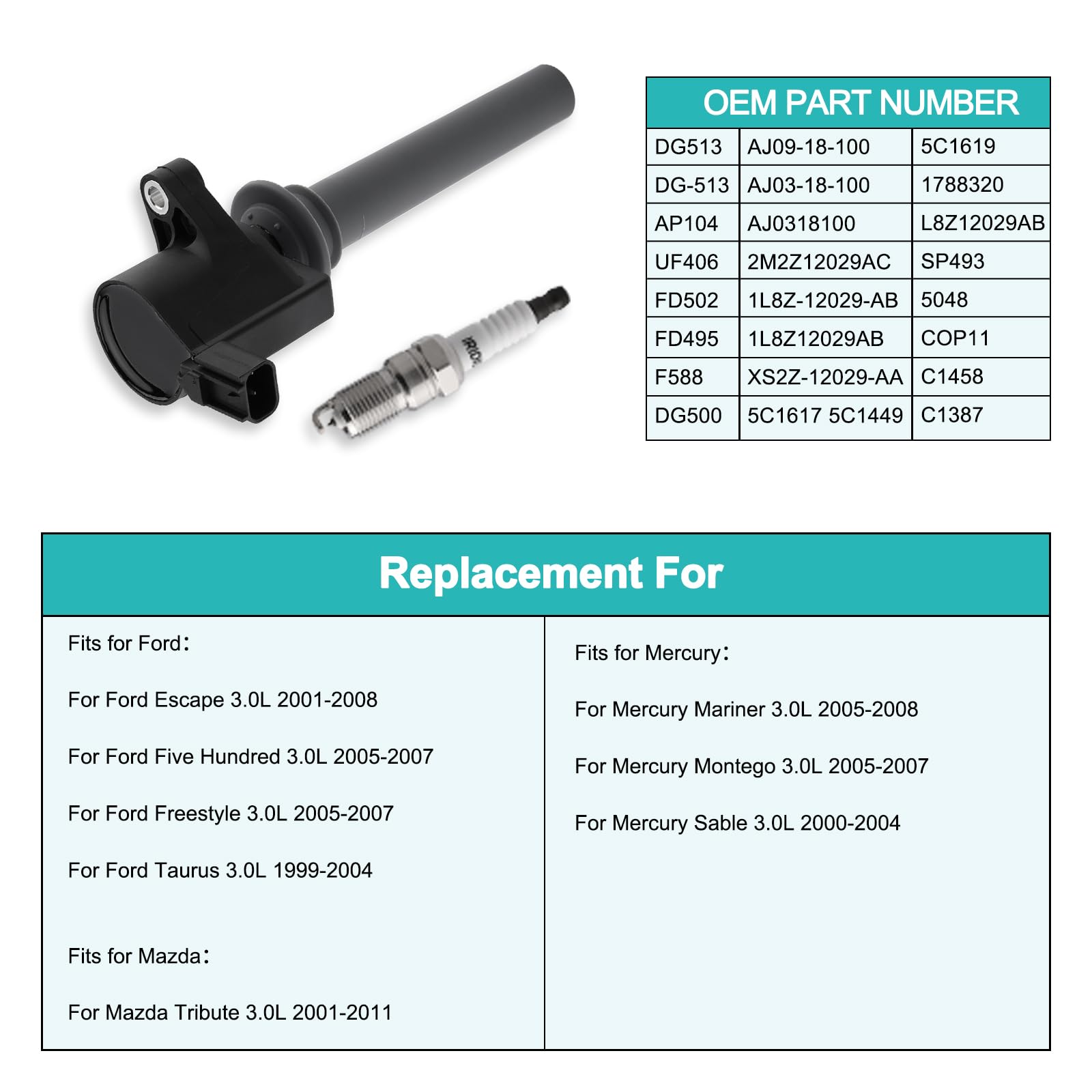 Dg513/Dg500 Ignition Coil Pack 6Pcs & Sp493 Spark Plugs (3.0L Only) For Ford Escape 2001-2008,Freestyle 2005-2007,Taurus 1999-20
