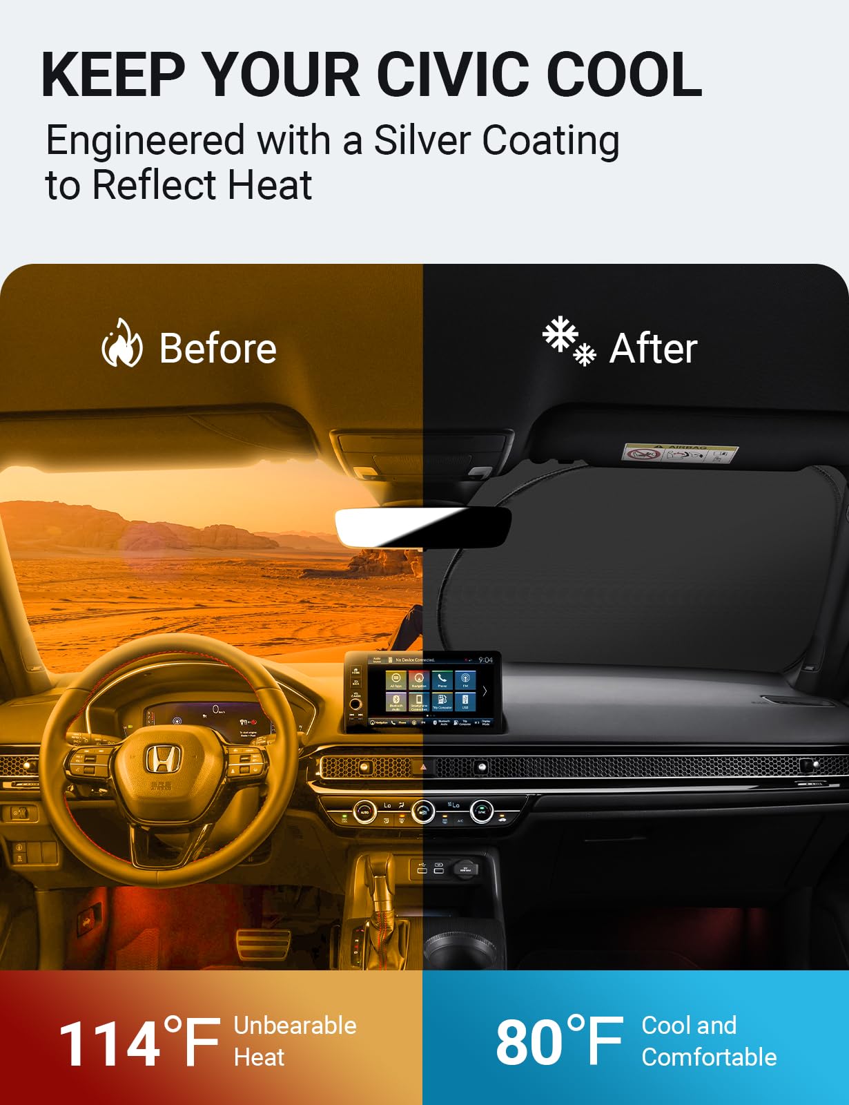 Proadsy 2025 Upgrade Windshield Sun Shade Custom Fit Honda Civic 2022-2024 2025 (Not For 2022 Sport) 4-Layer Foldable Front Suns