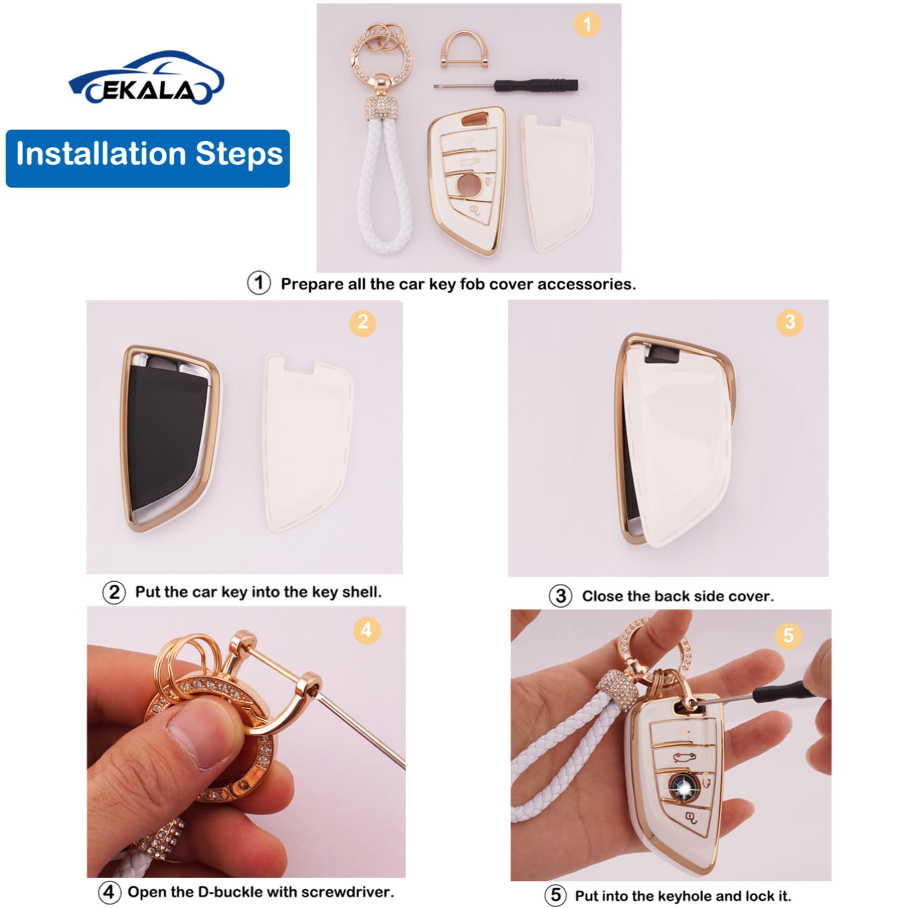 Ekala For Bmw Key Fob Cover Soft Tpu Full Protection Smart Key Case Shell White With Keychain Lanyard Fit For Bmw X1 X2 X3 X5 X6 2 5 6 7 Series 3 4 Buttons Smart Key Fob Case(Bm-4D)