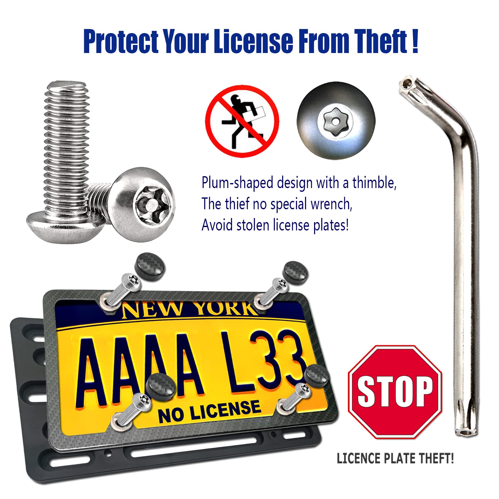 Aootf Front License Plate Bracket- Universal Front Bumper License Plate Mounting Kit, Car Tag Holder Adapter& Carbon Fiber Plate Cover, Anti-Theft Lock Screws, Caps, Nuts, For Us Vehicle Trailer Truck
