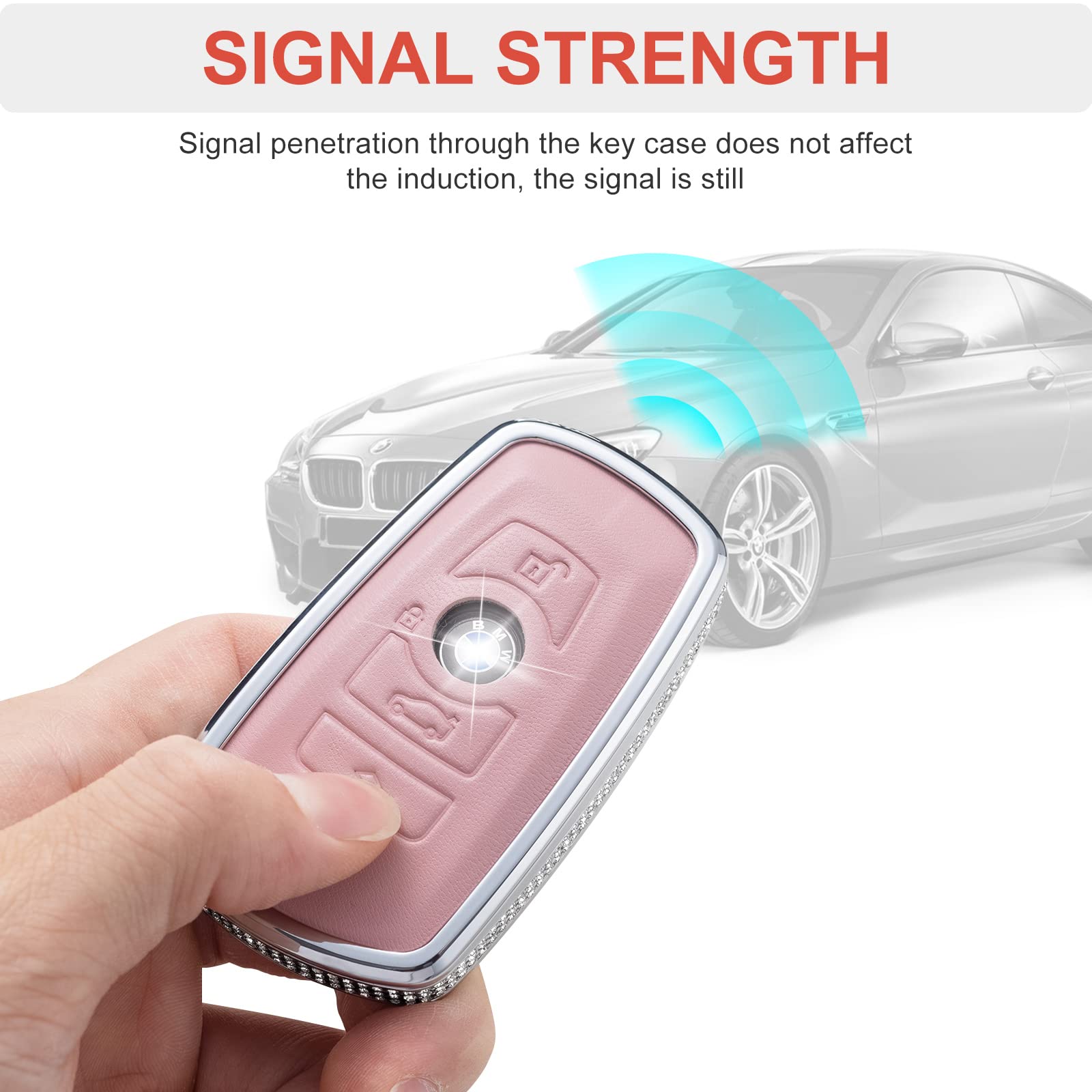 Ruabiban For Bmw Key Fob Cover With Keychain, Pink Genuine Leather Crystal Key Case Protection Shell Compatible With Bmw 1 3 4 5