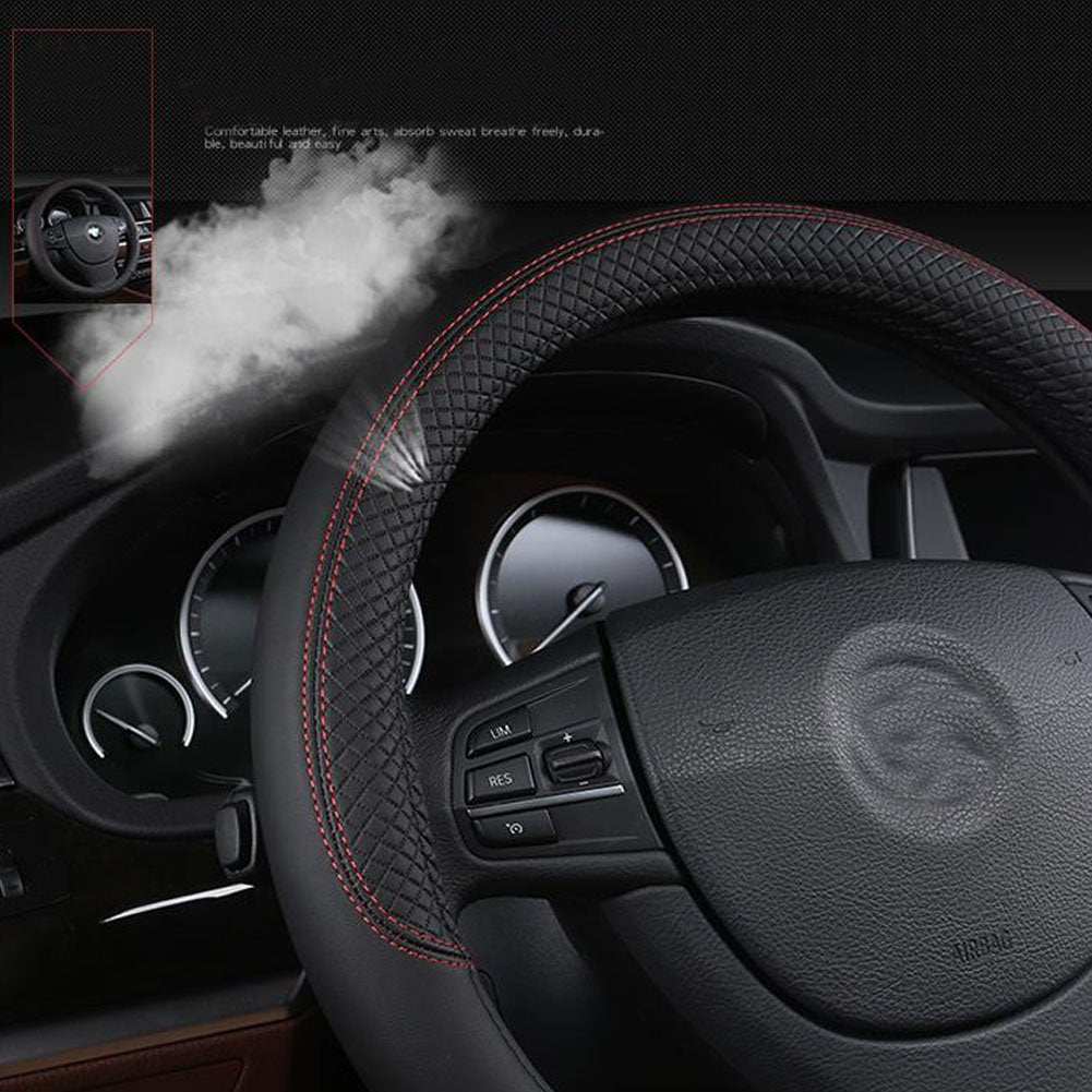 SHIAWASENA Car Steering Wheel Cover, Leather, Universal 15 Inch Fit, Anti-Slip & Odor-Free (Black&Red)