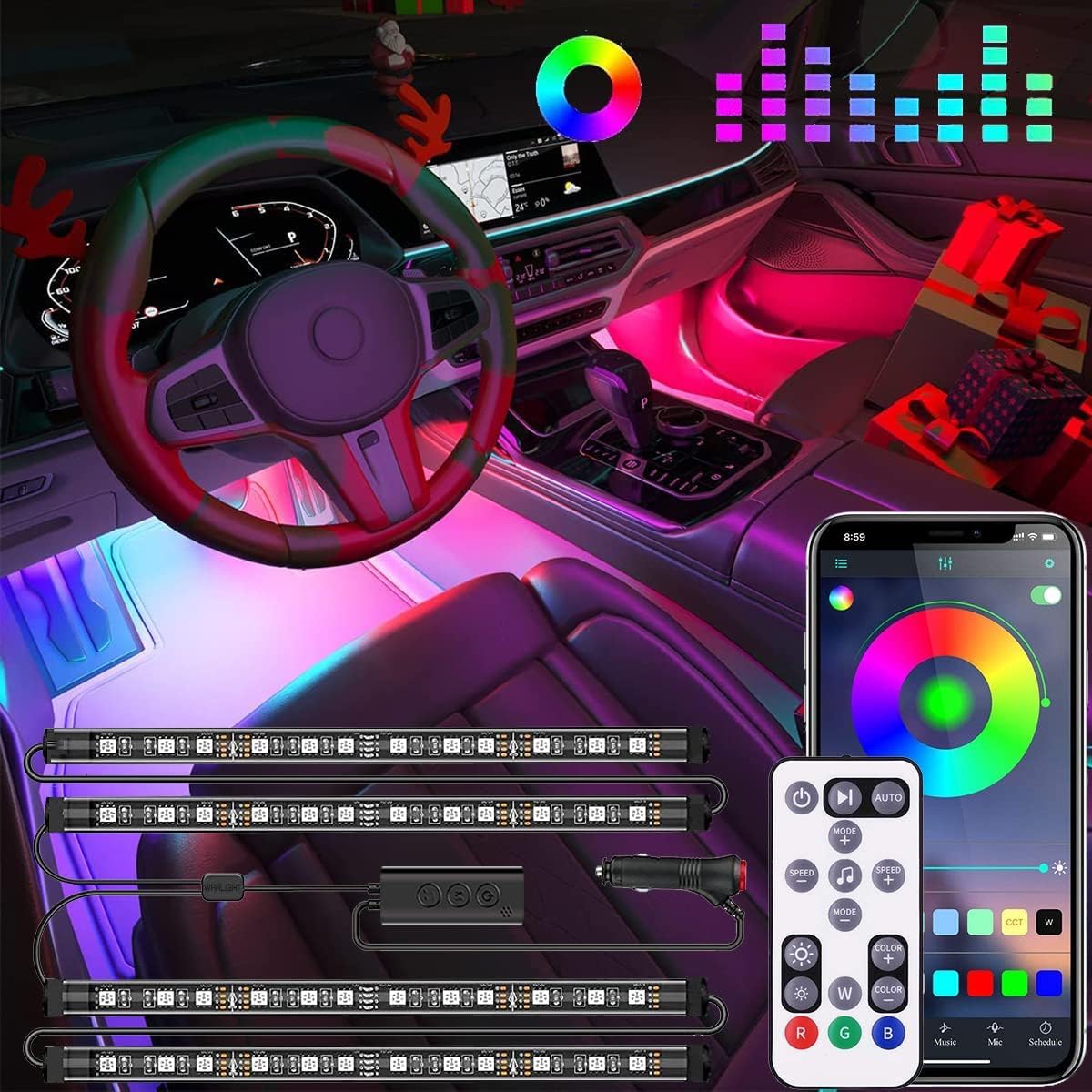 Rgb Interior Car Lights, 2-In-1 Design 4Pcs 48 Led App Control, Remote Control, Music Mode, Diy Mode, Scene Mode, Dc 12V