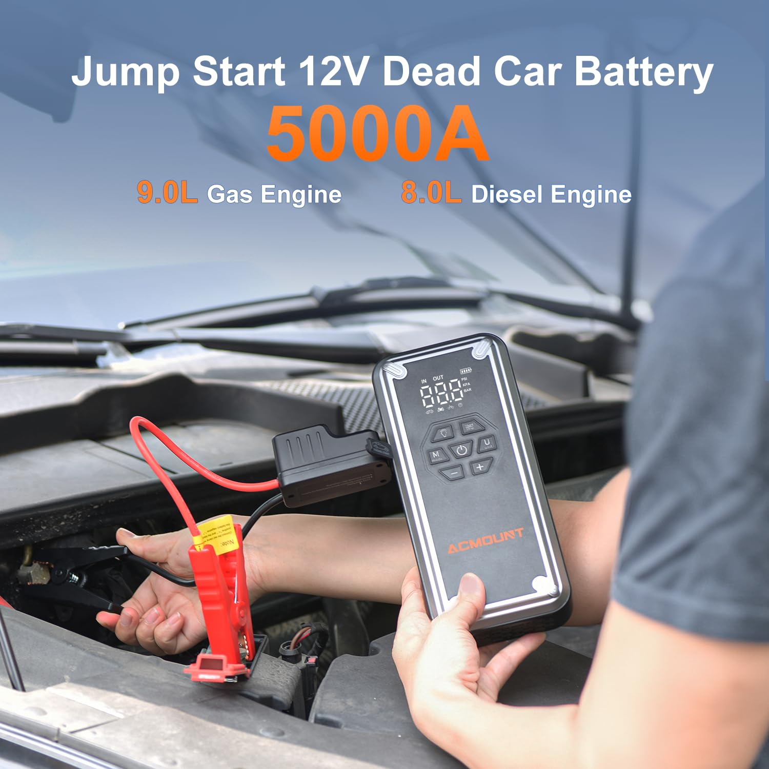 Acmount W160 Jump Starter With Air Compressor, 5000A Car Jump Starter 150Psi Tire Inflator, 12V Car Battery Jumper Pack For Up T