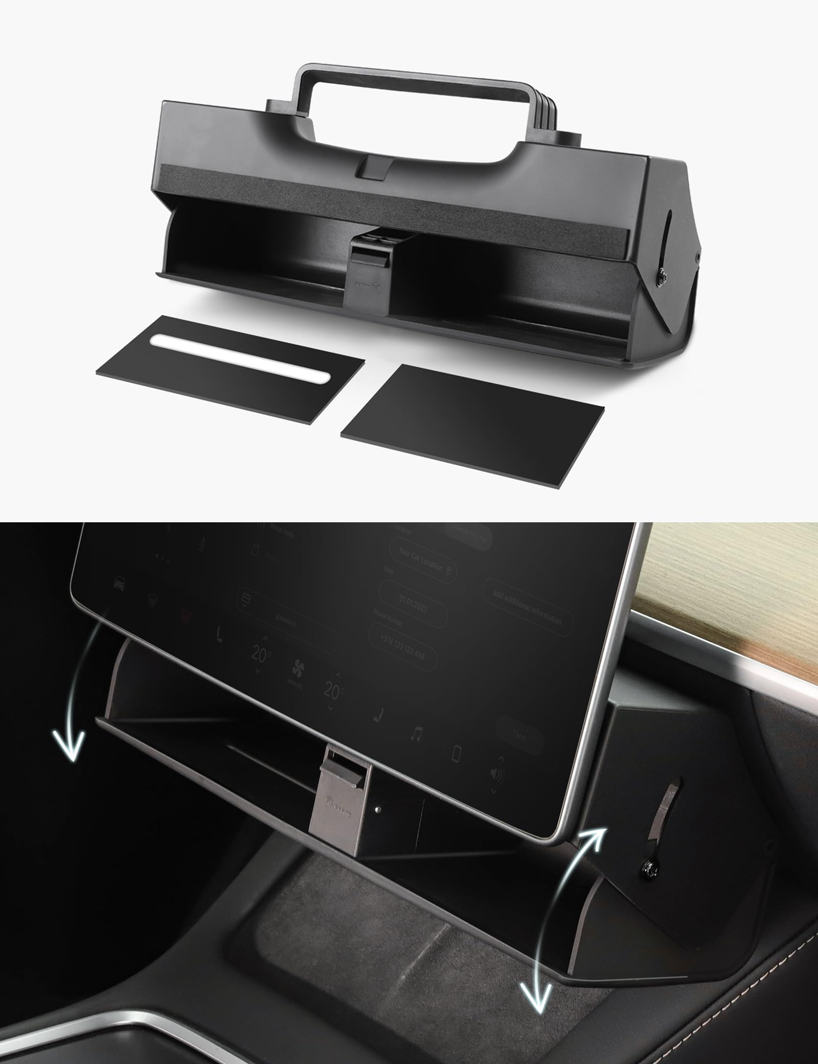 Tparts Hidden Under Screen Storage Box For Tesla Model 3 Model Y With Open-Close Design, Magnetic Center Console Organizer Dashboard Tissue Sunglass Holder