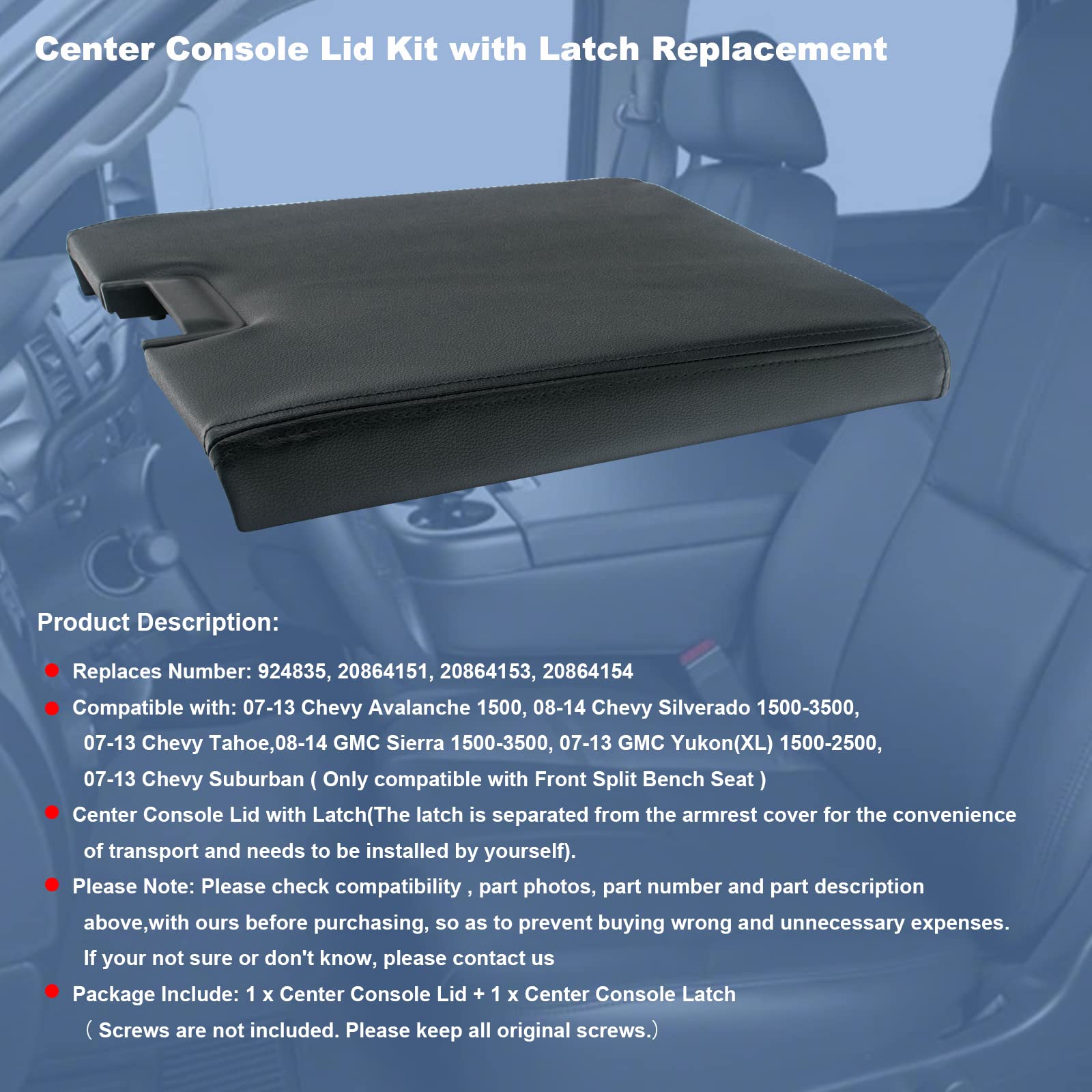 Nhiles Center Console Lid Kit With Latch Compatible With 2007-2013 Chevy Tahoe/Avalanche/ 2008-2014 Silverado/Gmc Yukon(Xl)/Sier