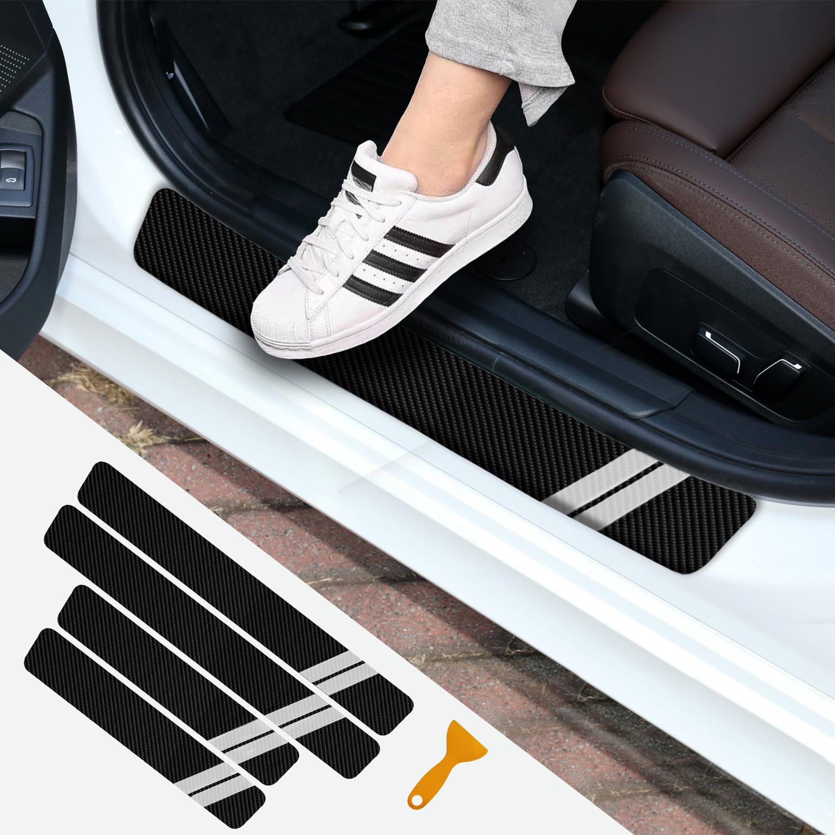 RGOAANC 4Pcs Car Door Sill Protectors, Anti Kick Pad Stickers, Carbon Fiber Threshold Cover Strips for Door Edge & Bumper (White