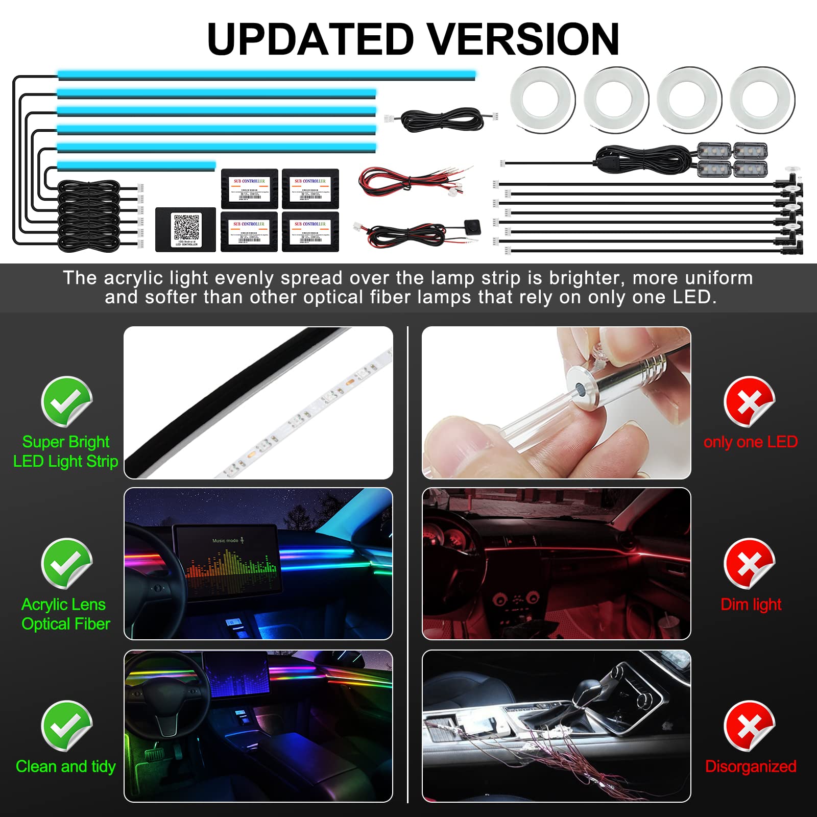 Acrylic Interior Car Led Strip Light With Wireless App, Rgb 22 In 1 With 175 Inches 593 Leds Fiber Optic Ambient Lighting Kits,