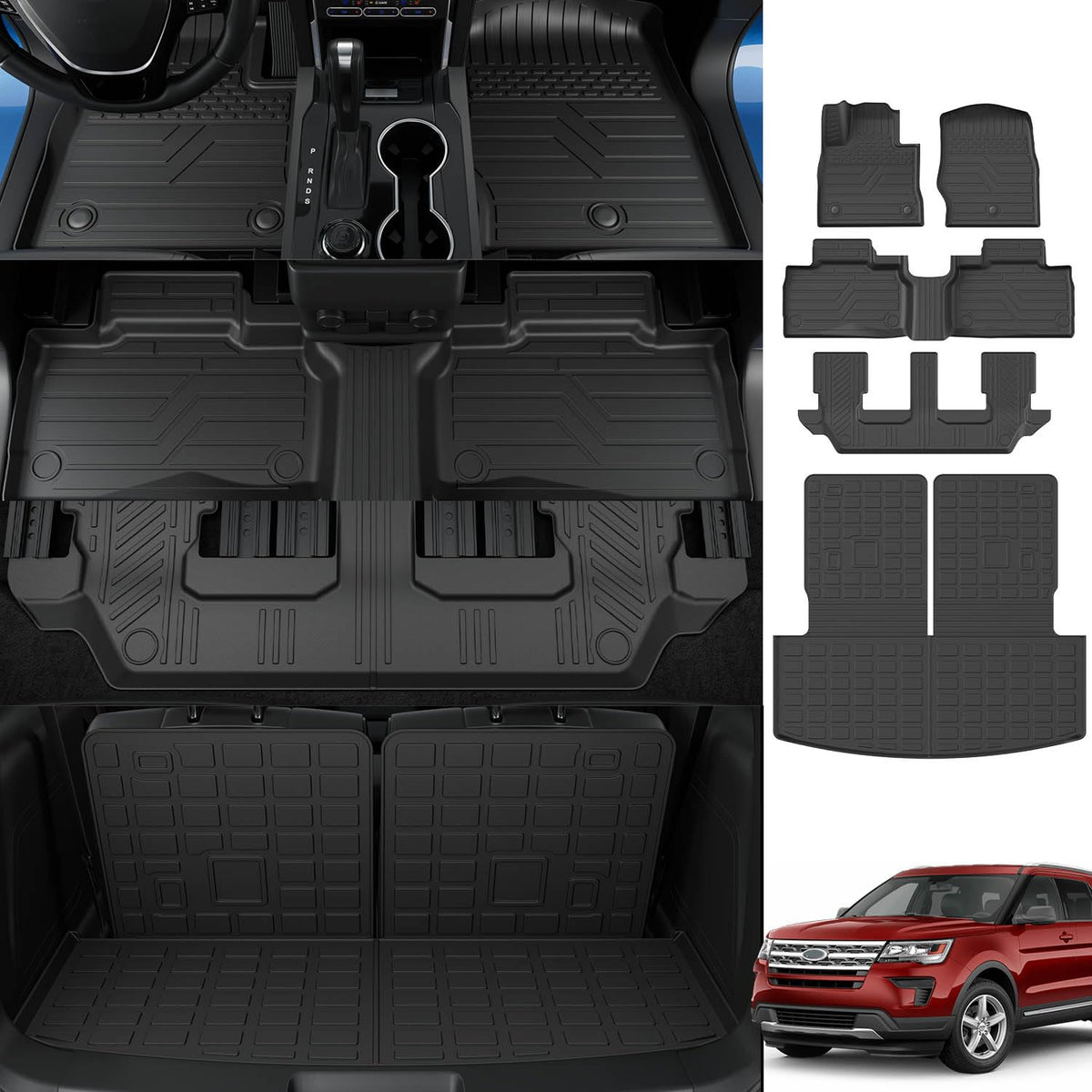 Powoq Floor Mats Compatible With 2020-2025 Ford Explorer 7-Seat Trunk Mat With Backrest Mat Tpe Replacement For 2020-2025 Ford E