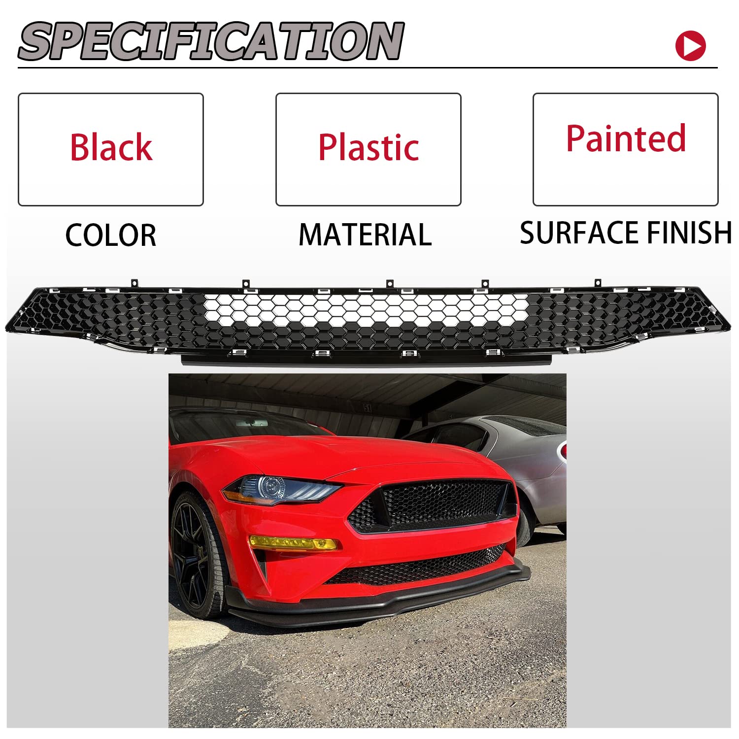 HECASA Front Lower Grille Compatible with 2018-2021 Ford Mustang 2-Door Bumper Lower Grill Hood Black Honeycomb Style